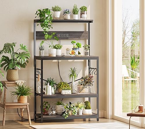 Miniatura 45 de SUPERJARE - Estante de cocina con toma de corriente de 4 niveles, soporte de microondas de cocina con 6 ganchos en forma de S, estante de Marrón