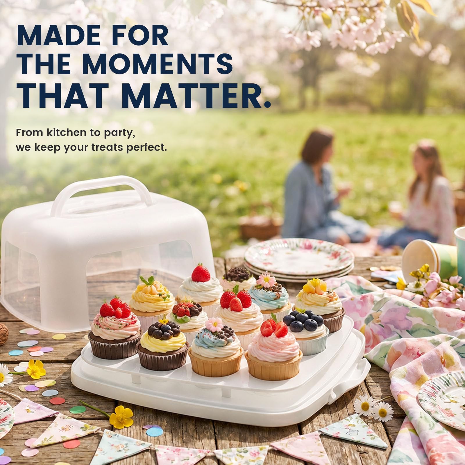 VGOODALL Support à gâteau carré blanc avec couvercle pour 12 cupcakes 2 en 1 portable pour gâteau, tarte, muffin, cordonnier