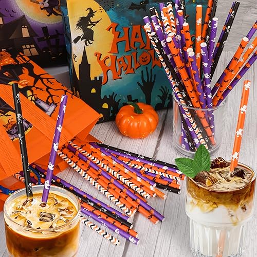 Miniatura 4 de 150 popotes de papel de Halloween, 6 estilos mixtos, pajitas desechables para fiestas de Halloween, suministros de decoración de fiesta de Halloween