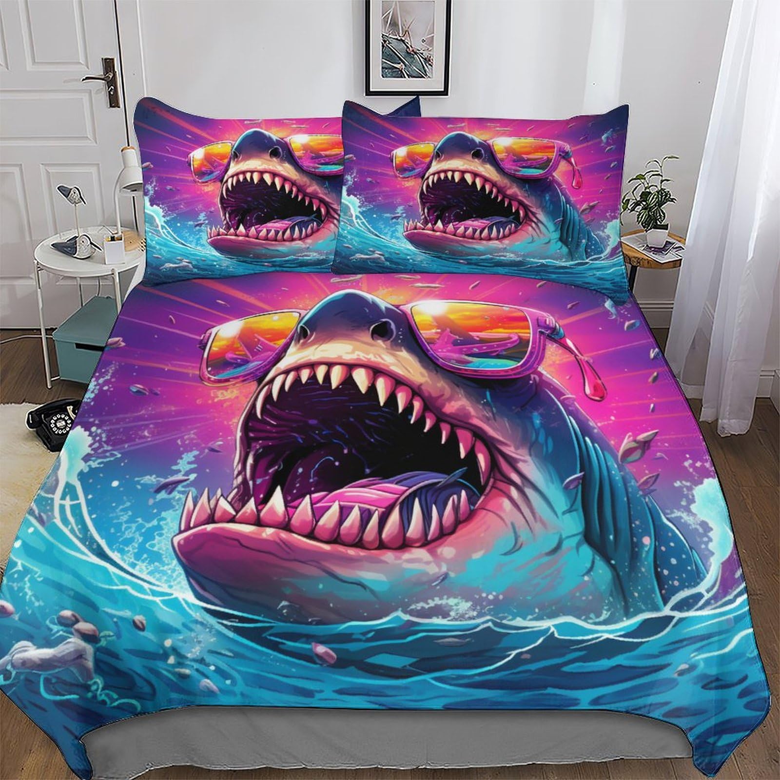 Housse de couette requin parure de lit 3 pièces 220x240 microfibre douce adulte enfant king size