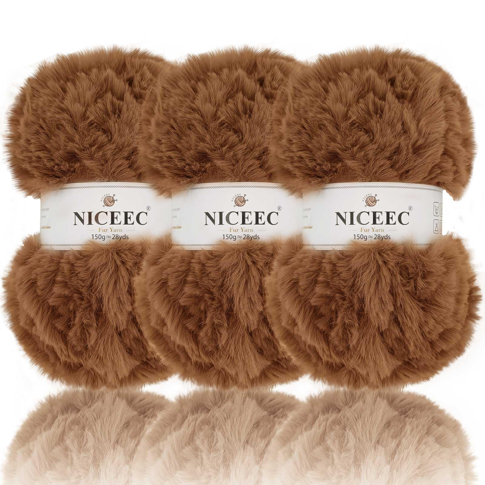 NICEEC 3 Skeins Chunky Fur Yarn Super Soft Faux Fur Yarn Fluffy Eyelash Yarn for Crochet Knit-Total Length 3×26m(3×28yds,150g×3)-Caramel