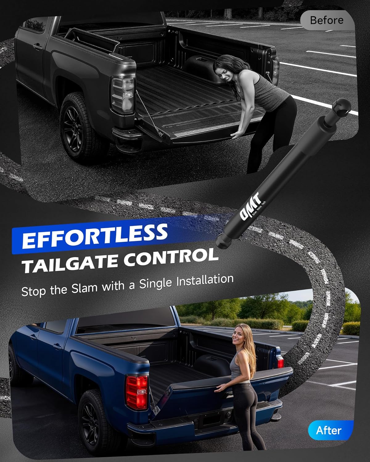 Before and after comparison showing the controlled lowering of a truck tailgate with the assist shock installed, preventing sudden drops.