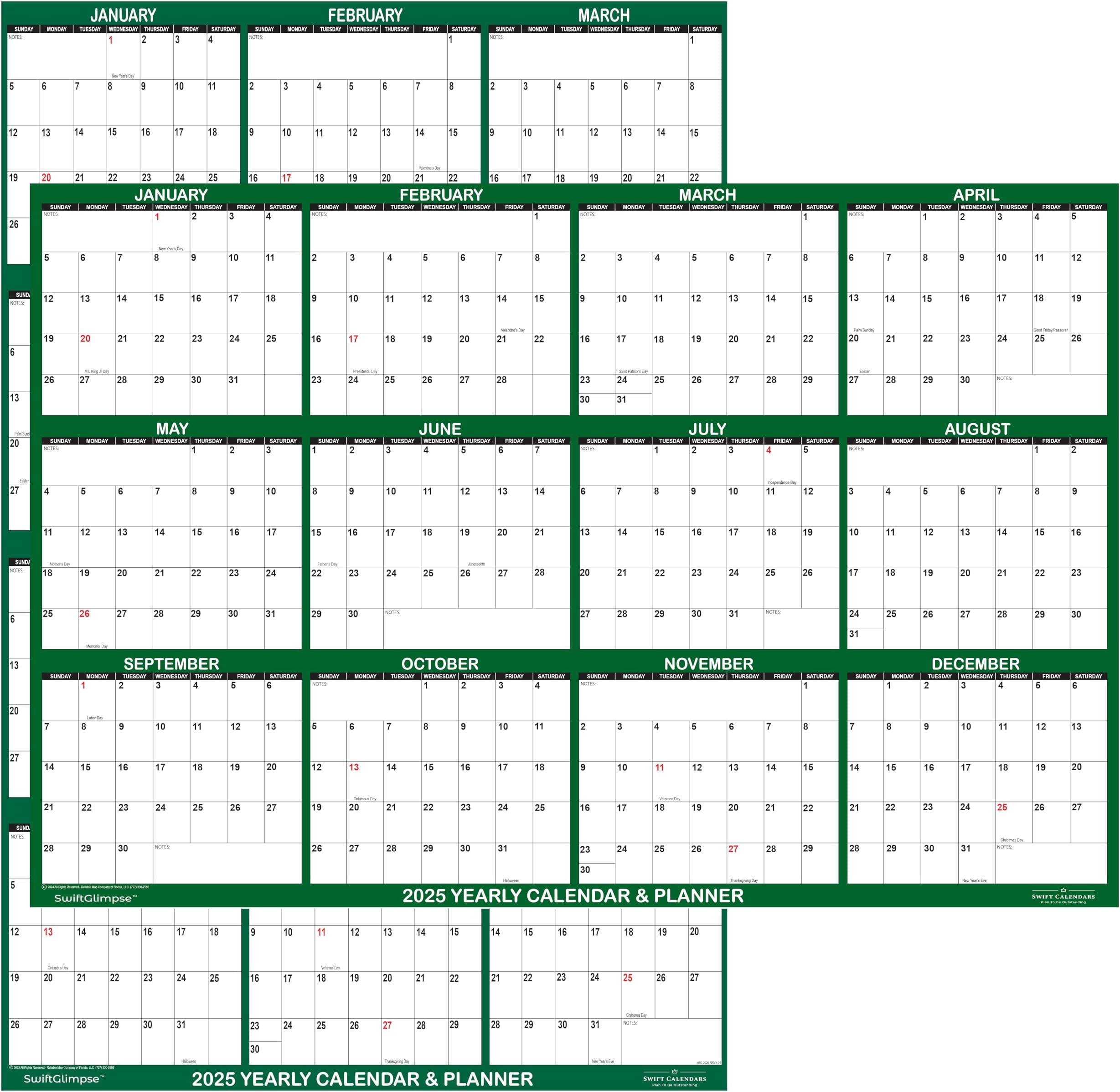 36" X 54" SwiftGlimpse 2025 Wall Calendar Erasable Large Wet And Dry Erase Laminated 12 Month Annual Yearly Wall Planner Horizontal Maroon