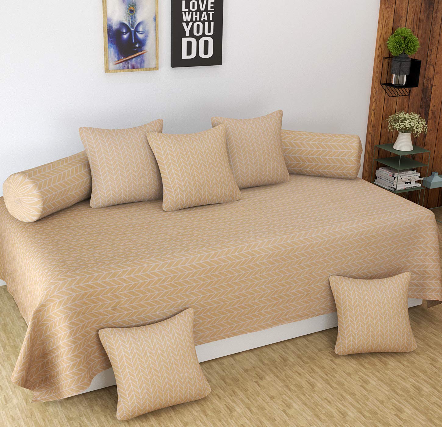 Castiqa Microfiber Ultrasoft Cotton 8 Pieces Diwan Set Covers - Bedsheet - 60" x 90", 2 Bolsters Covers - 16" x 32" and 5 Cushion Covers - 16" x 16" (Beige)-image-27