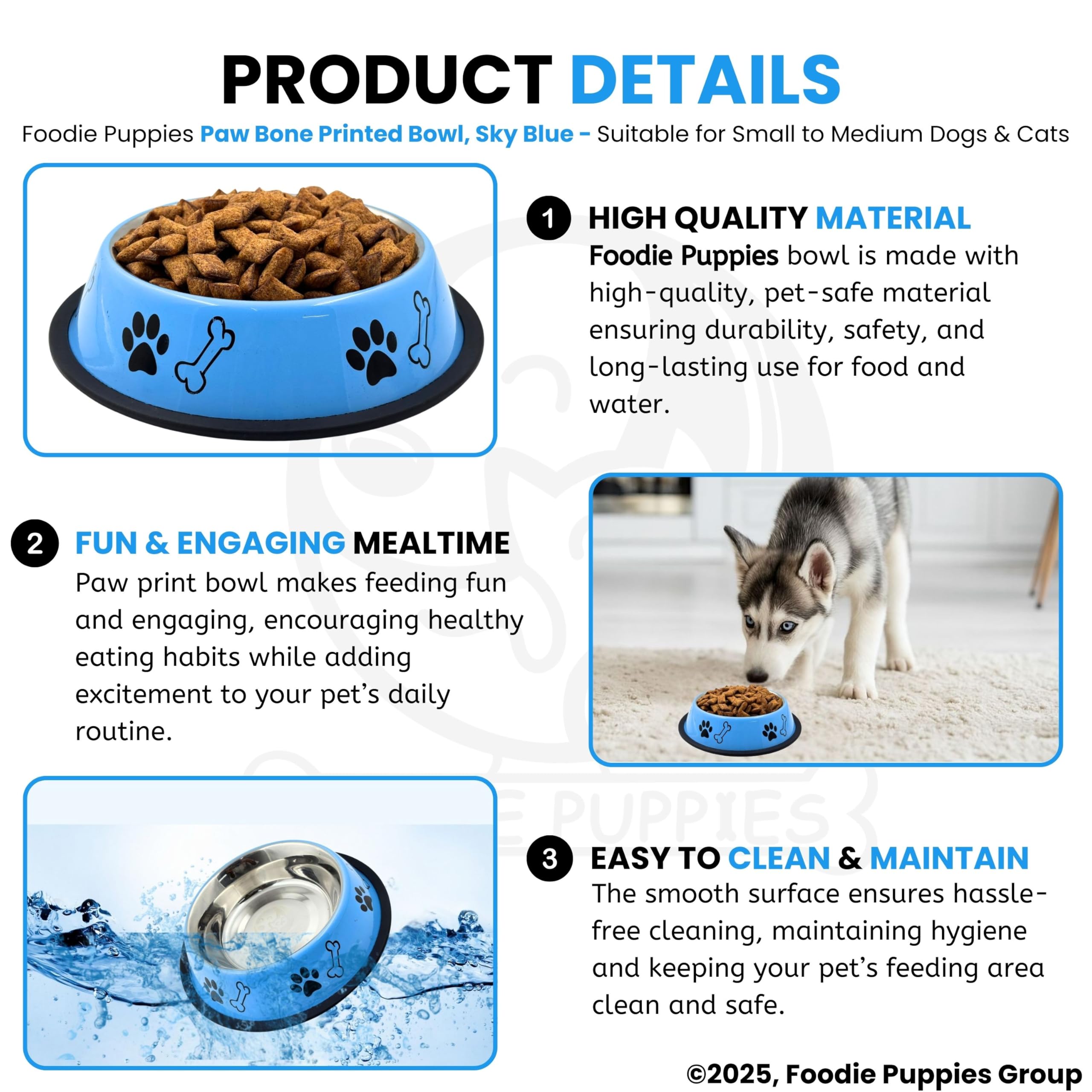 Foodie Puppies Stainless Steel Paw Bone Printed Bowl for Dogs, Cats & Any Pets - 700ml, Medium (Sky Blue) I Non-Skid Rubber Bottom Food/Water Bowl I Non-Toxic & 100% Safe for Pets 1