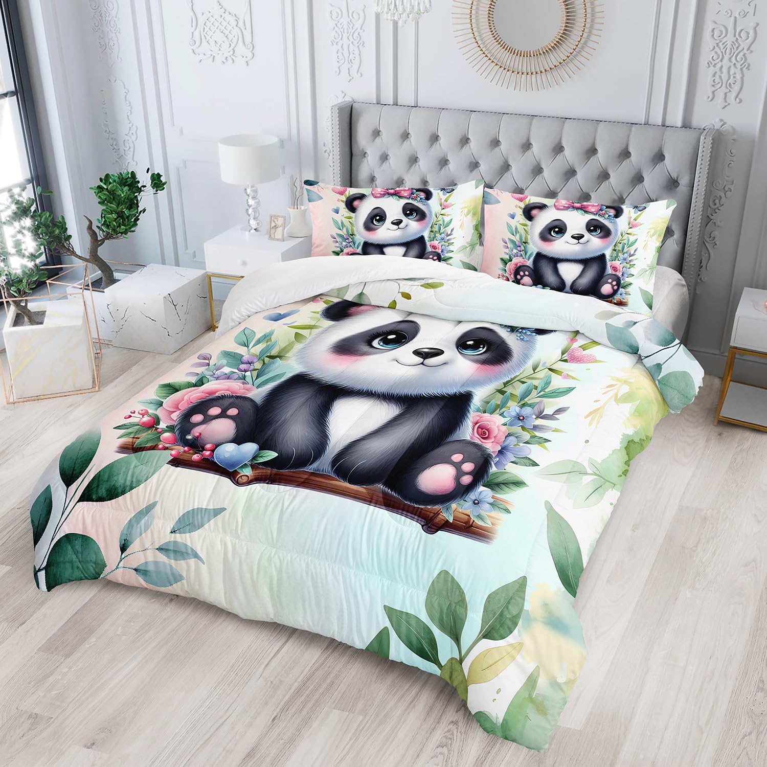 Kawaii Black White Panda Comforter 3Pcs Twin Tie Dye Wild Animal Flower Bear Bedding Set for Kid Teen Girl Boy Room Decor Swing Butterfly Botanical Quilt with 1 Comforter and 2 Pillowcases