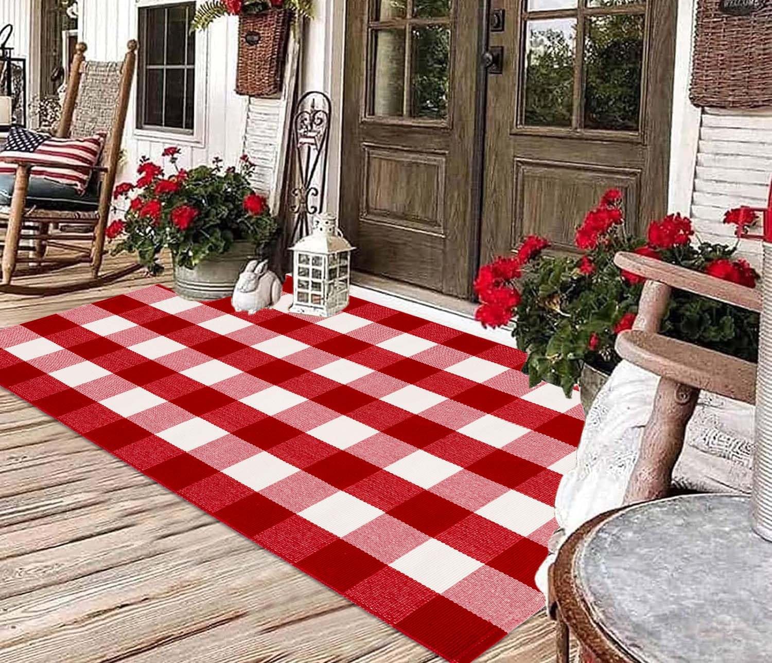 Christmas Outdoor Rugs 3' x 5'Red White Buffalo Plaid Front