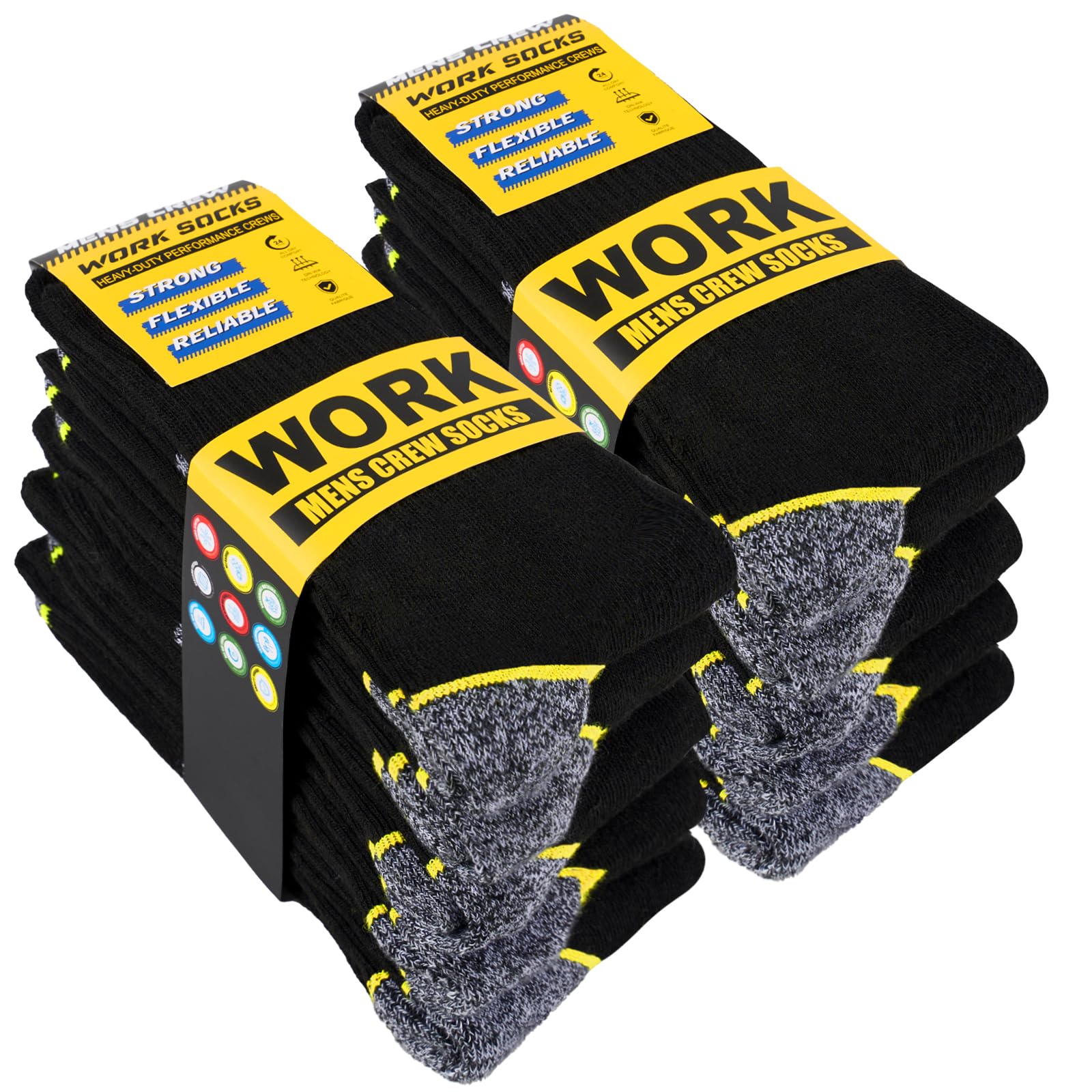 Men's Work Socks, 10 Pairs, Black Crew Length, Terry Cushion