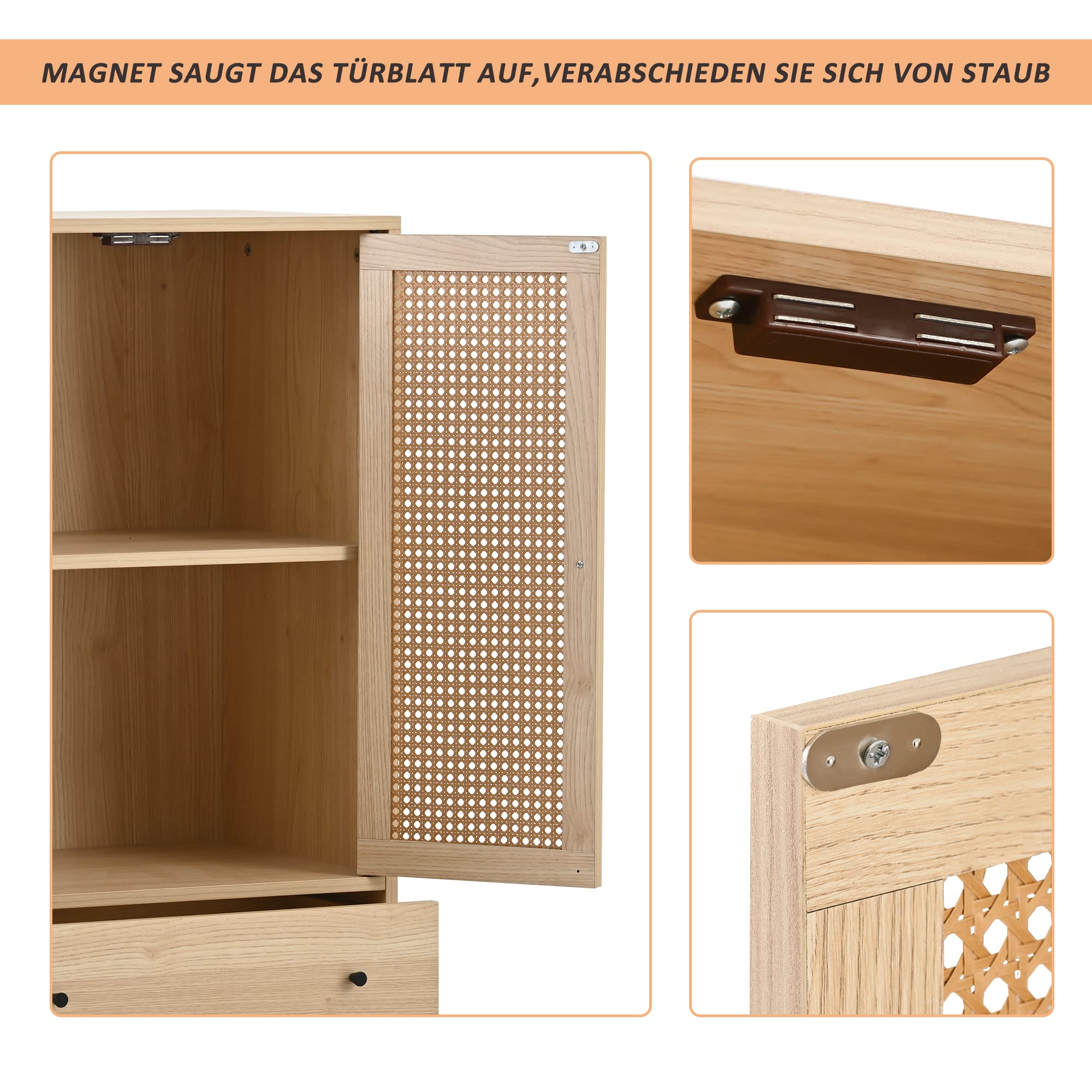 Merax Kommode mit 2 große Schubladen und 2 Türen, Badezimmerschrank aus Holz mit Rattan Türen, Highboard Küchenschrank Bücherschrank, für Schlafzimmer & Wohnräume & Büro, Offwhite, 60 x 40 x 120 cm