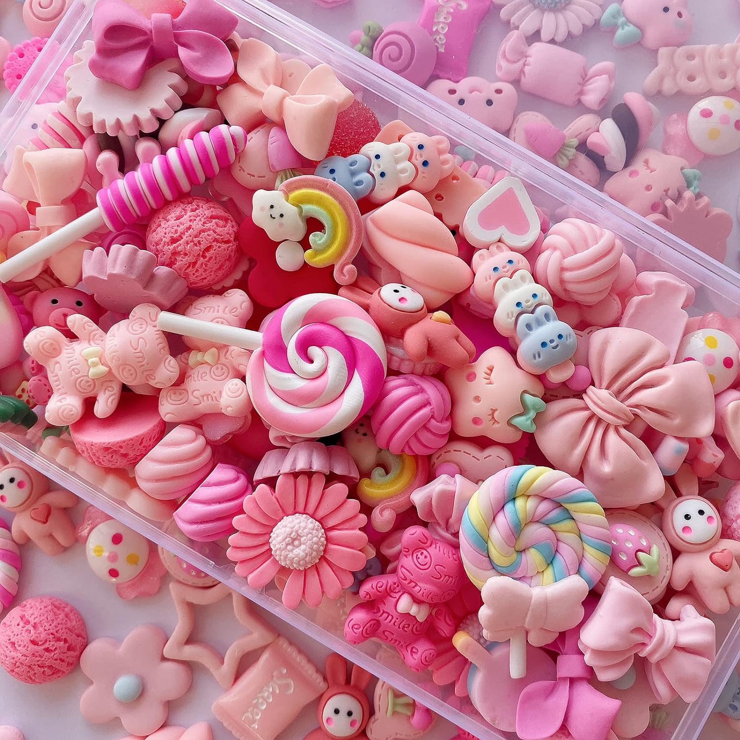 FULUSODO 60pcs Cute Set,Pink Flat Back Bulk Mixed Resin Ornament Scrapbooking Set