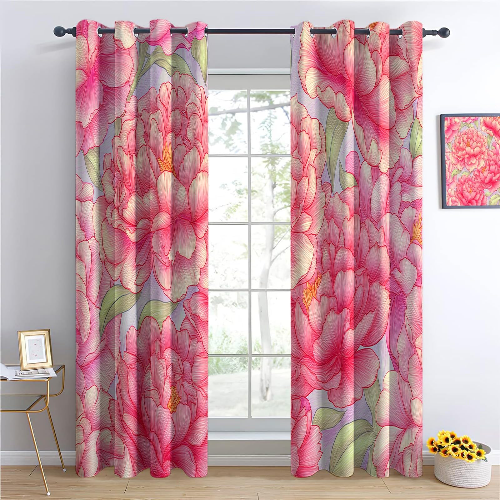 CozyRest Blackout Curtains for Kids Boys Girls, Watercolor Peony Flowers Flowers Print Eyelet Curtains, Thermal Insulated Window Drapes for Childrens Nursery Baby Playroom, 2 Panels 46 x 54 inch