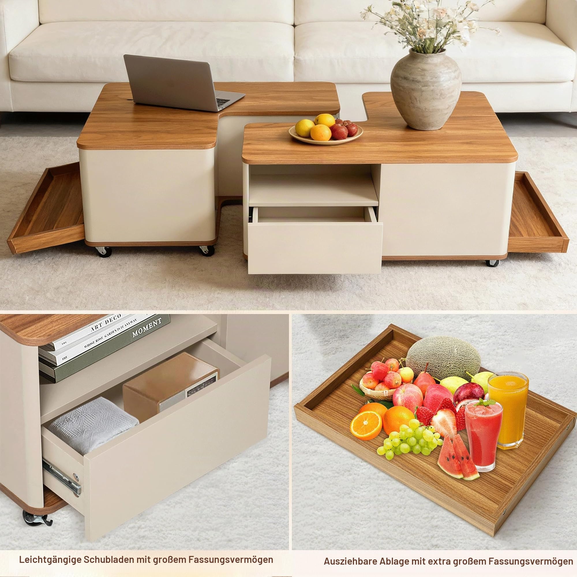 Modularer Couchtisch Holz mit 12 Rollen, Wohnzimmertisch 2er Set mit 2 Schubladen Stauraum & 2 Tabletts, Kaffeetisch Flexibler Kombinierbarer, Couchtische, Wohnzimmer Tisch für Couch (Braun)