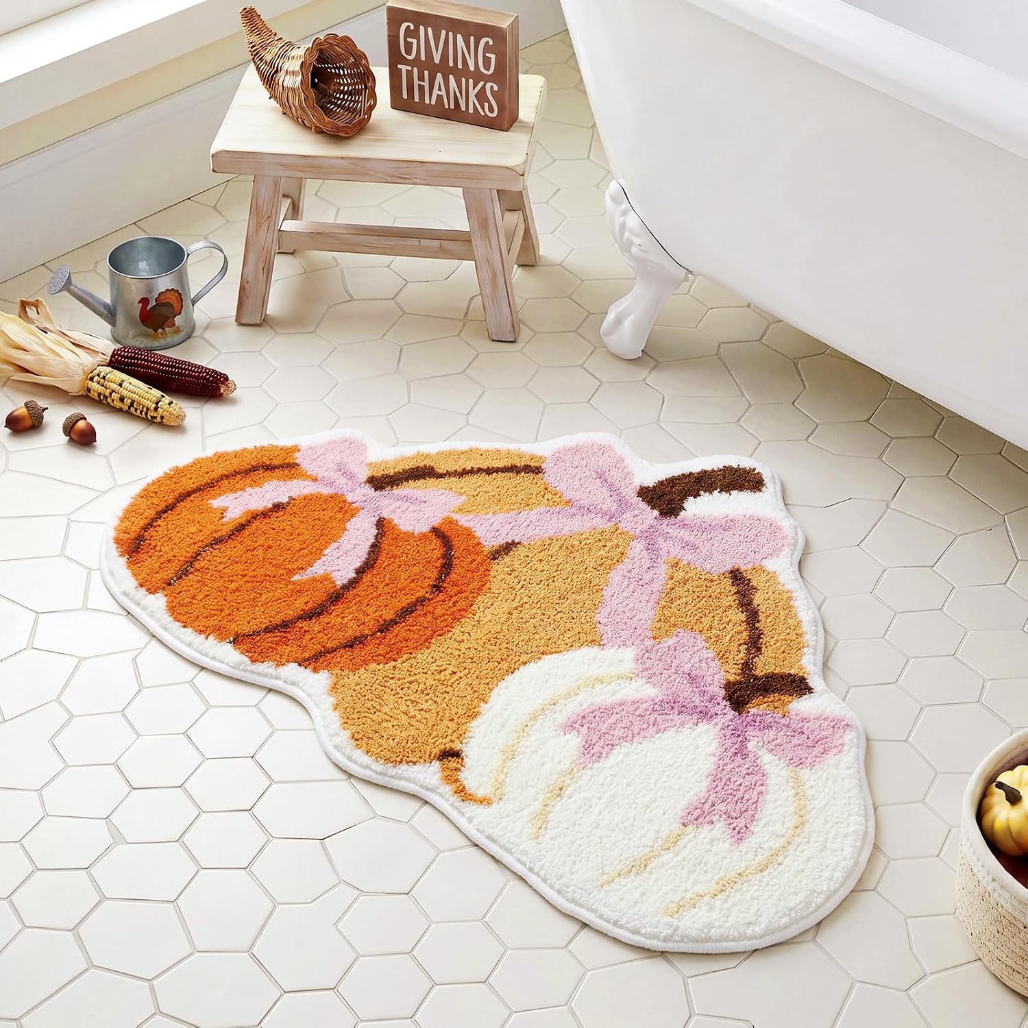 Dunzy Fall Bathroom Rug Pumpkin Bath Mat, Pink Fall Decor 19.7x31.5 in