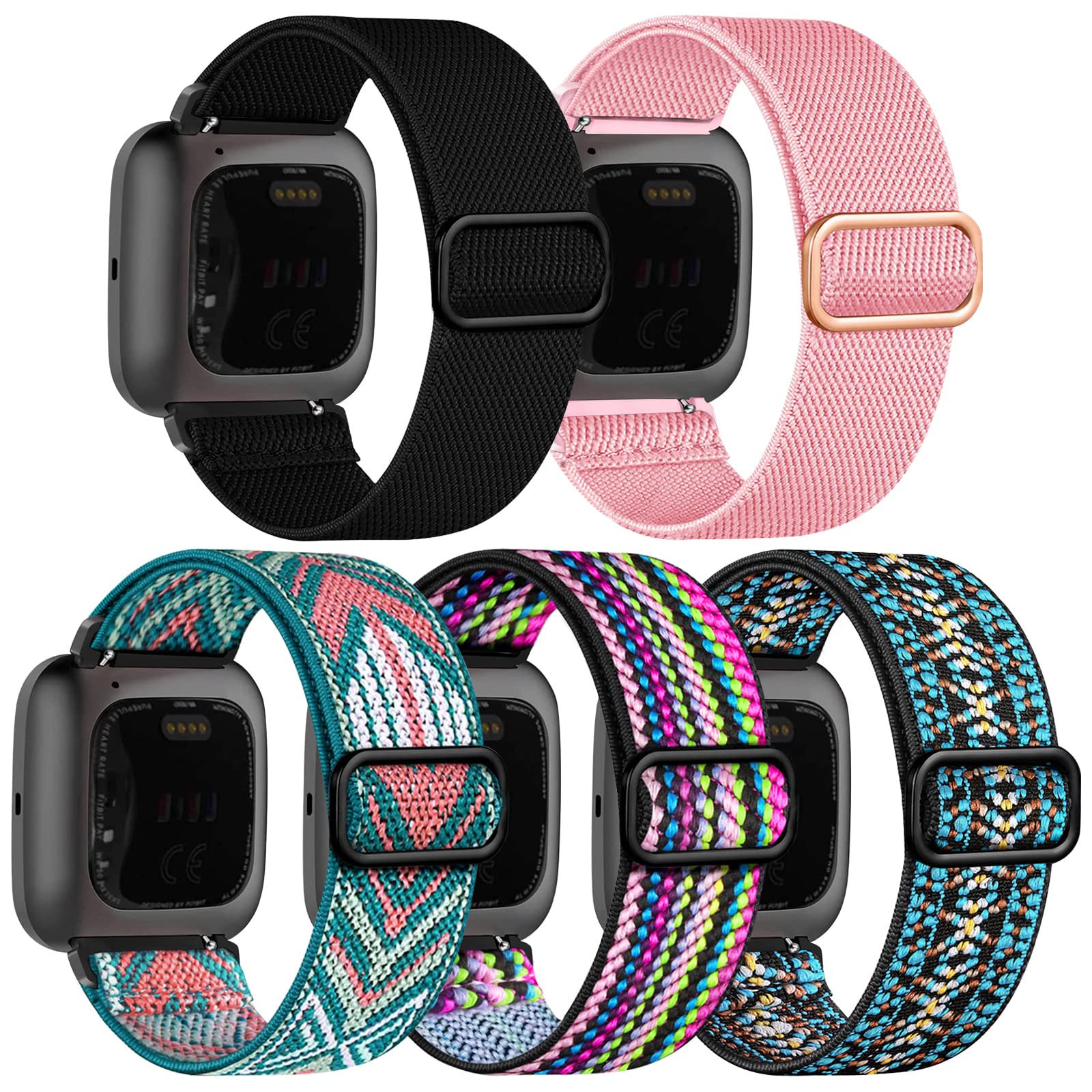 chinbersky 5 Pack Strap Compatible with Fitbit Versa 2 Straps/Fitbit Versa Strap for Women and Men, Soft Adjustable Stretch Nylon Sport Replacement Band for Fitbit Versa 2/Versa/Versa Lite/SE — image 1