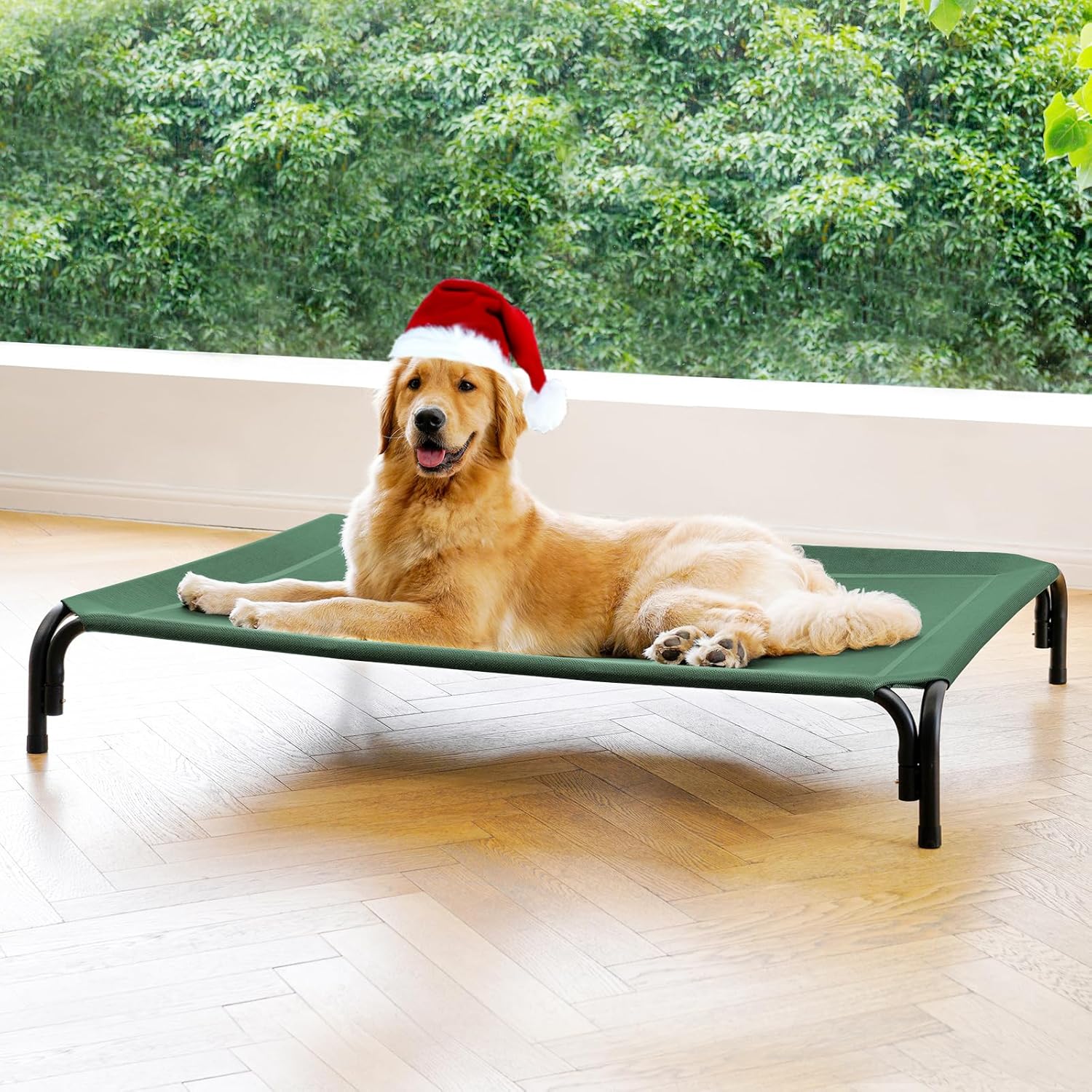 elevated dog bed raised outdoor dog cot for large dogs, installation requires no tools, frame with washable cooling breathable mesh anti-slip feet, indoor pet bed, green, 43.3 inches l-43.3"l×31.9"w×7.9"th green