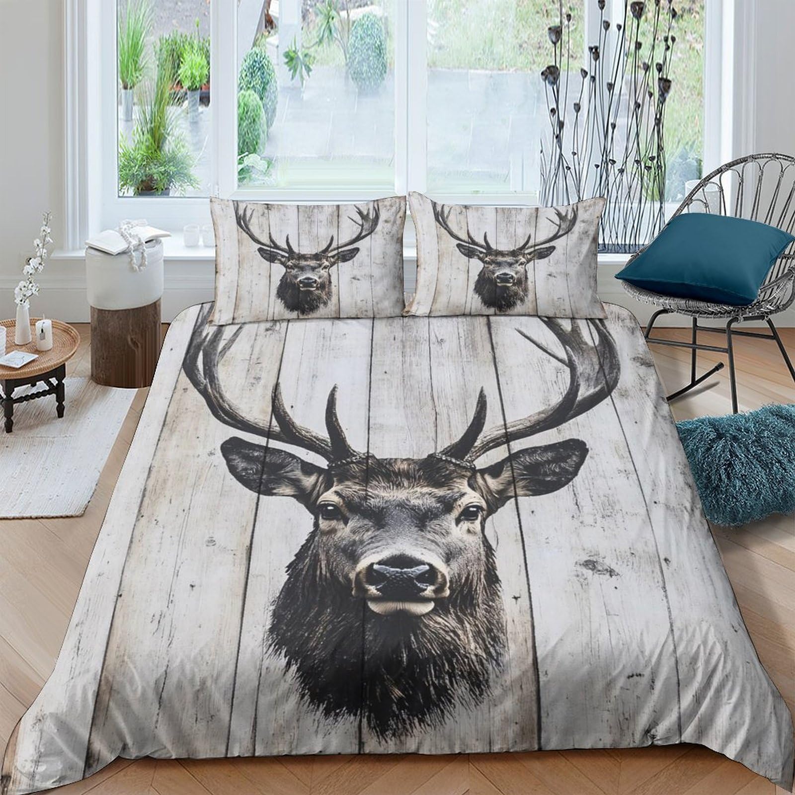 GPLZQXKJNH 3D Printed Stag Deer Duvet Cover Microfiber Woodland Antler Bedding Set with 2 Pillowcases, Breathable for Bedroom Home Single（135x200cm）