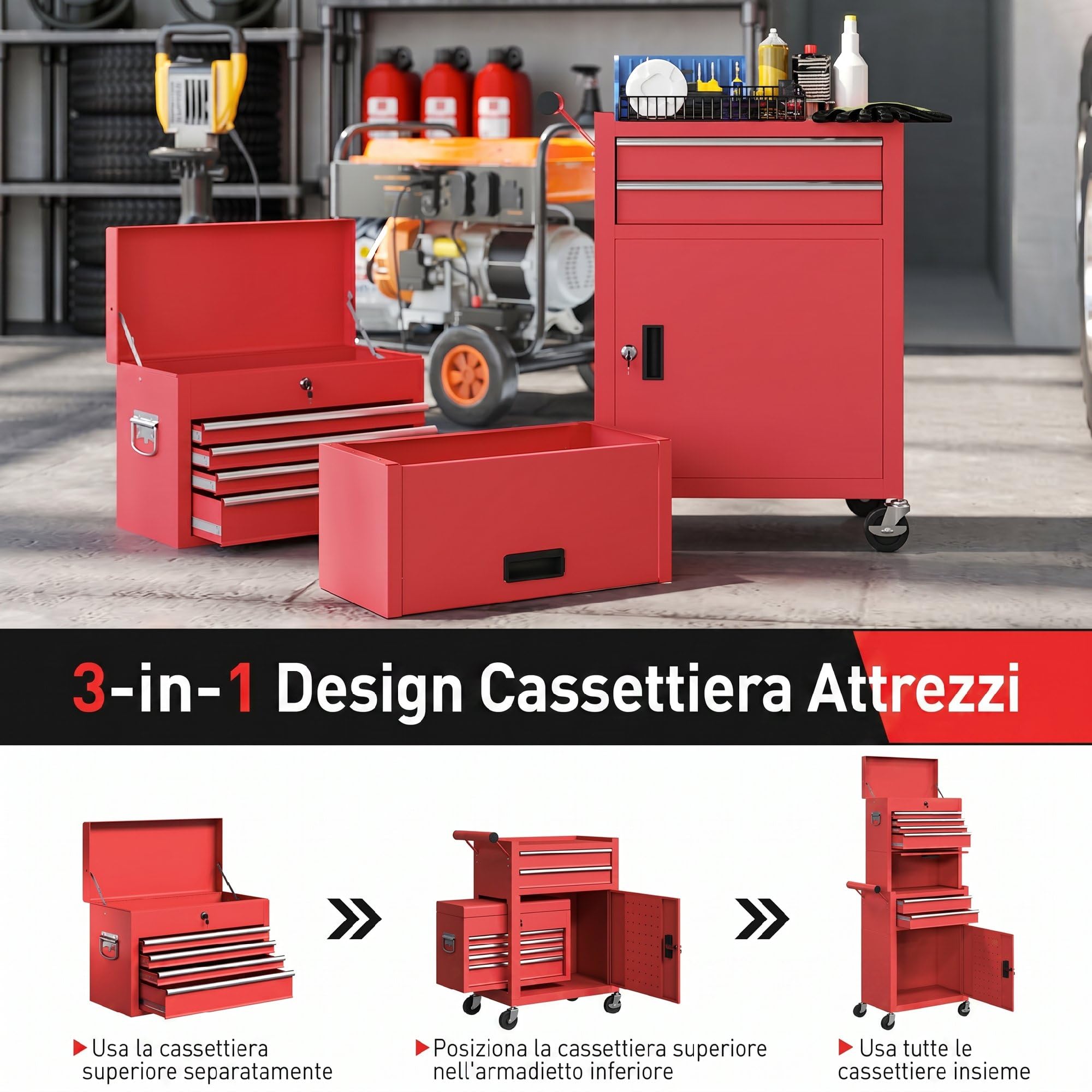 HOMCOM Carrello Porta Attrezzi in Acciaio con Serratura, 3 in 1 Carrello Portautensili da Officina con 6 Cassetti, 2 Armadi, Pannello Forato, Ruote, Maniglia, Capacità 100kg, Rosso