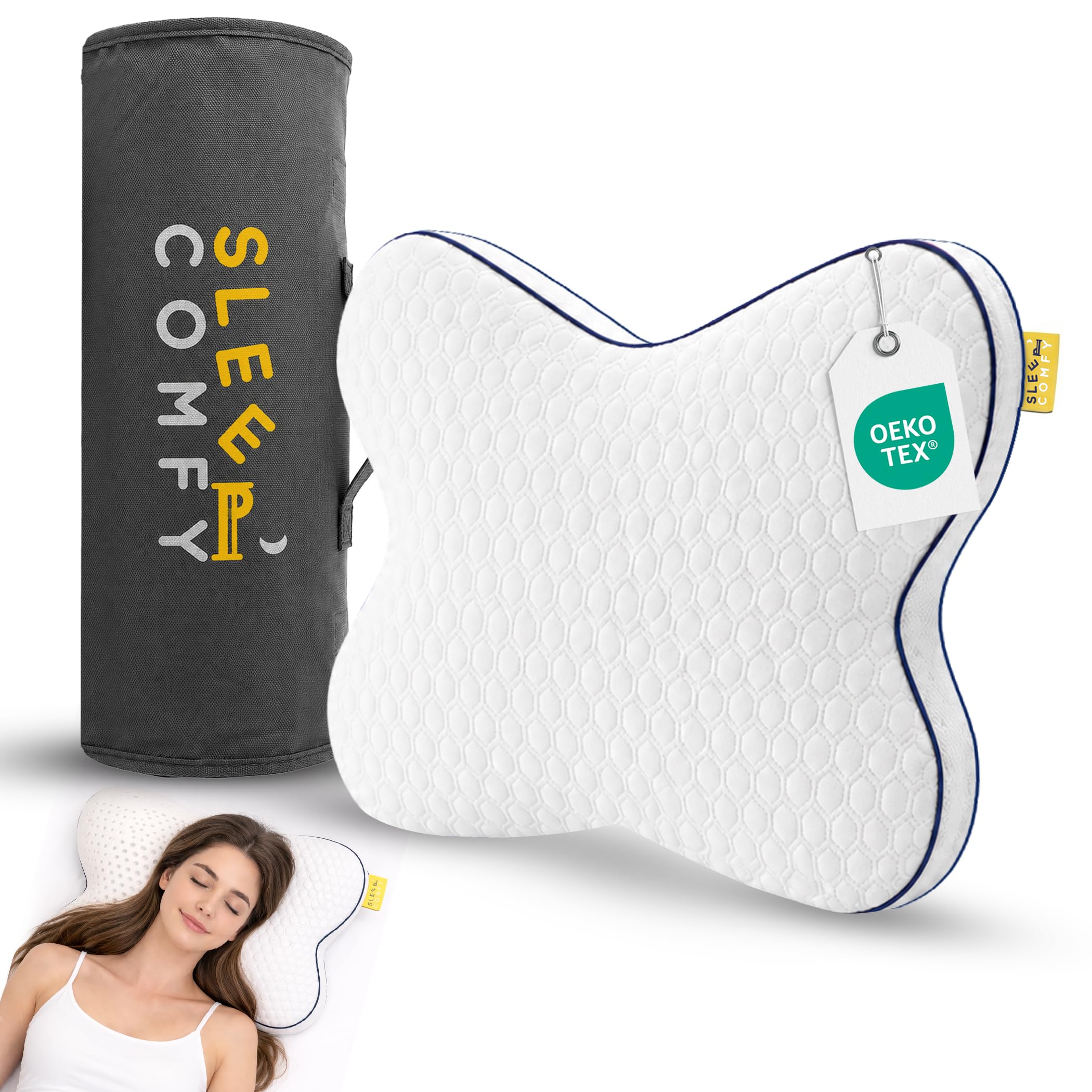 SLEEP COMFY Poduszka w kształcie motyla premium z ortopedycznej pianki z pamięcią kształtu, certyfikat Oeko-Tex, ergonomiczna poduszka podpierająca kark, zapobiega bólom karku i migrenom, idealna dla