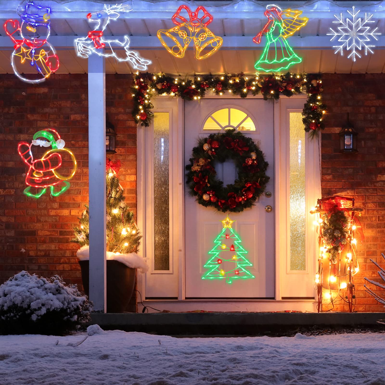 TRWYMZ 4 Stück Bunte LED Weihnachts-Fensterbeleuchtung mit EU-Stecker | LED Weihnachtsfiguren (Weihnachtsbaum, Rentier, Glocke, Weihnachtsmann) für Innen & Außen, Wand, Tür & Fenster
