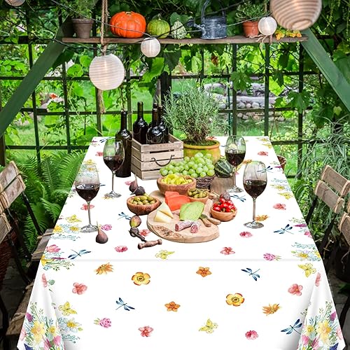 Miniatura 7 de Paquete de 4 manteles de plástico con diseño floral de verano con flores silvestres en acuarela, mantel de plástico desechable para primavera,