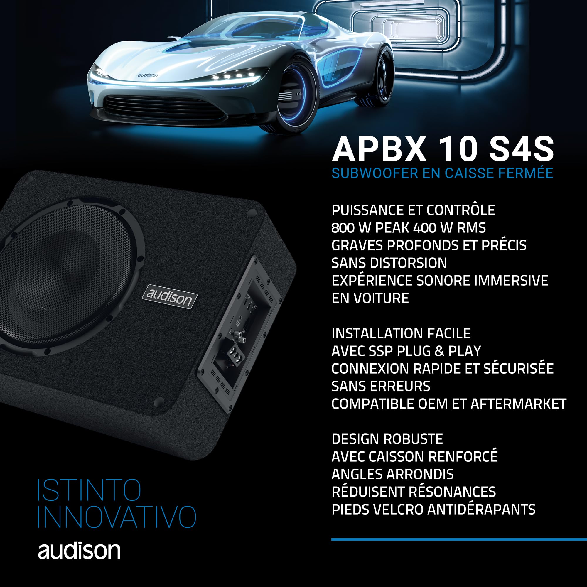 Audison APBX 10 S4S subwoofer en Caisson Clos 250 mm, 800 W | 10 pouces, impédance 4 Ohm, papier, 400 W RMS, aimant ferrite