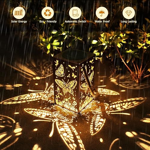Miniatura 4 de WACLSTDAY Faroles solares colgantes para exteriores, lámpara LED impermeable, paquete de 2 faroles ahuecados de mariposa, para jardín, patio, mesa,