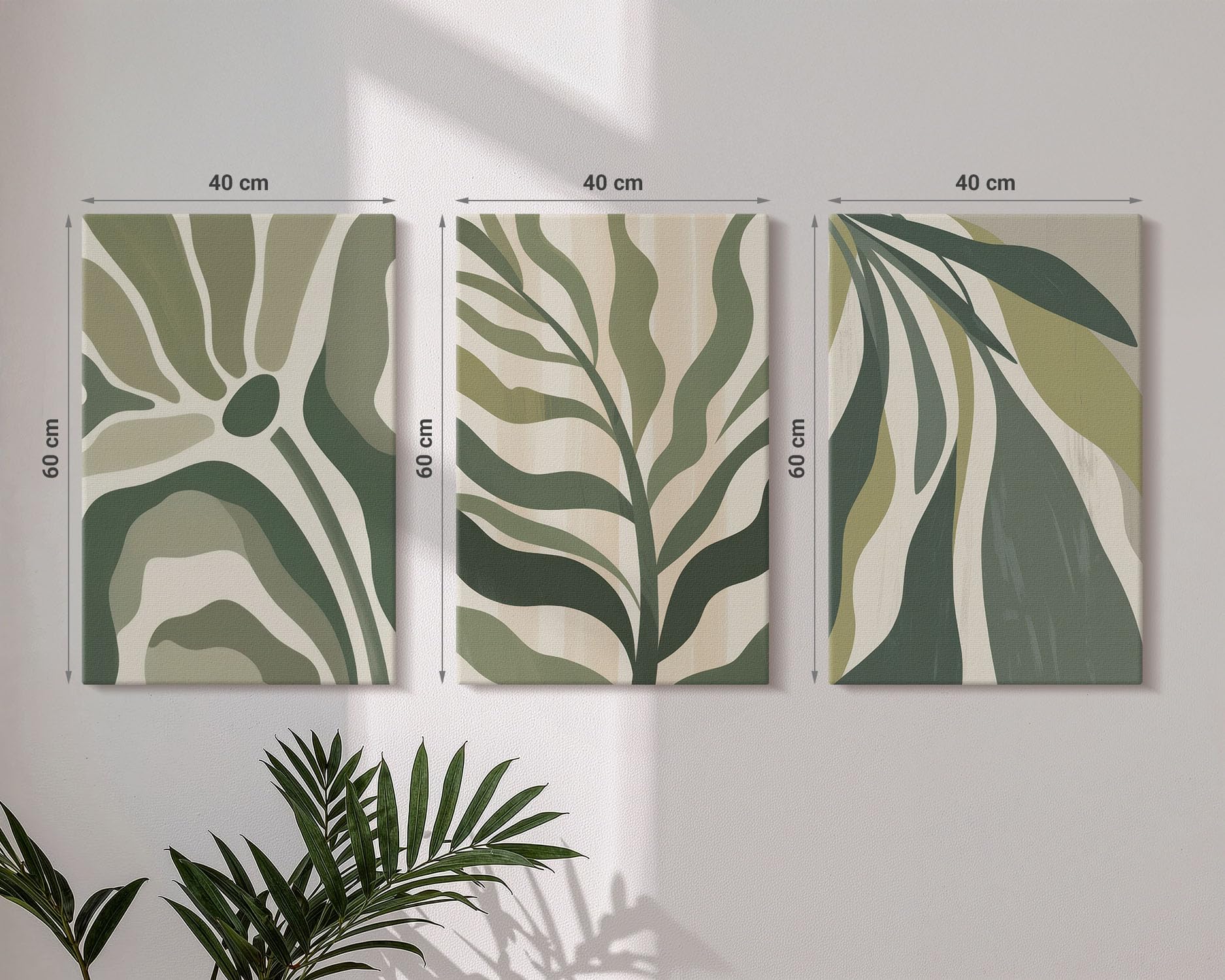 Wallfluent Cuadros 60x40 cm Tríptico en Lienzo Polycanvas – Arte de Pared para Dormitorio o Salón – Ilustraciones de hojas pintadas en tonos verdes