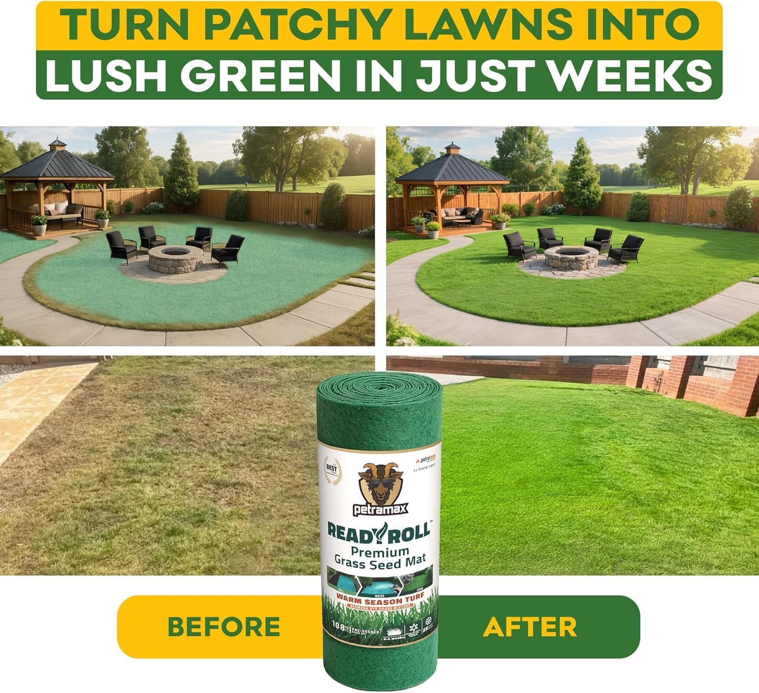 Petramax ReadyRoll Biodegradable Bermuda Grass Seed Mat for Southern Lawn 54 Sq ft. 3-in-1 Grass Seed Rolls w/Mulch & Fertilizer - Perennial Rye, Tall Fescue Blend - Heat Tolerant Lawn Repair Patch