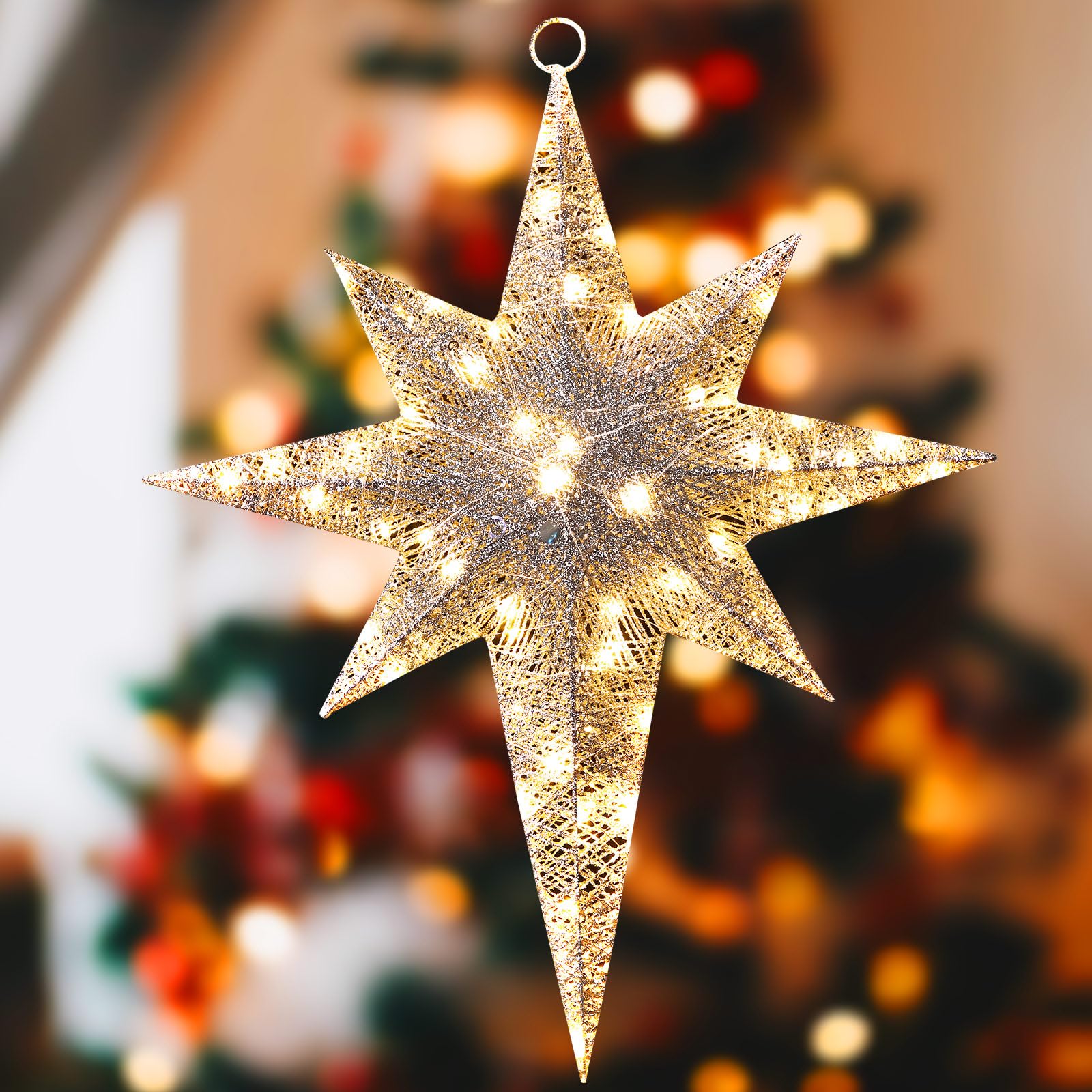 Retisee Estrella de Belén con purpurina de Navidad de 24 pulgadas, luces LED grandes para exteriores, luces de Navidad para colgar al aire libre, estrella de Navidad iluminada para patio, porche