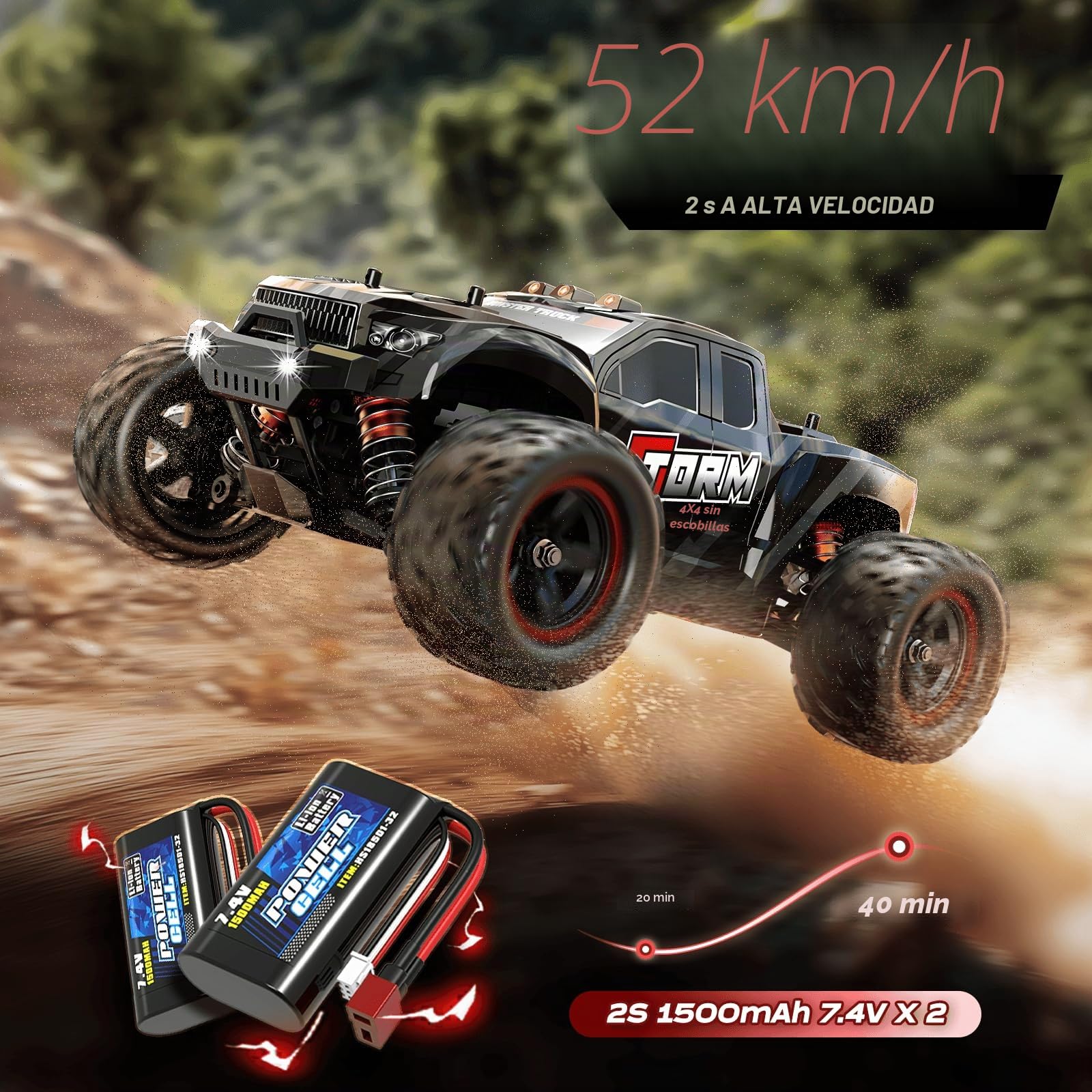 Coche teledirigido 1:18 Brushless 4x4 para Adultos, transmisión metálica, 52 km/h, 2 baterías 1500mAh, Coche RC Todoterreno con Kit de repuestos, Coche radiocontrol