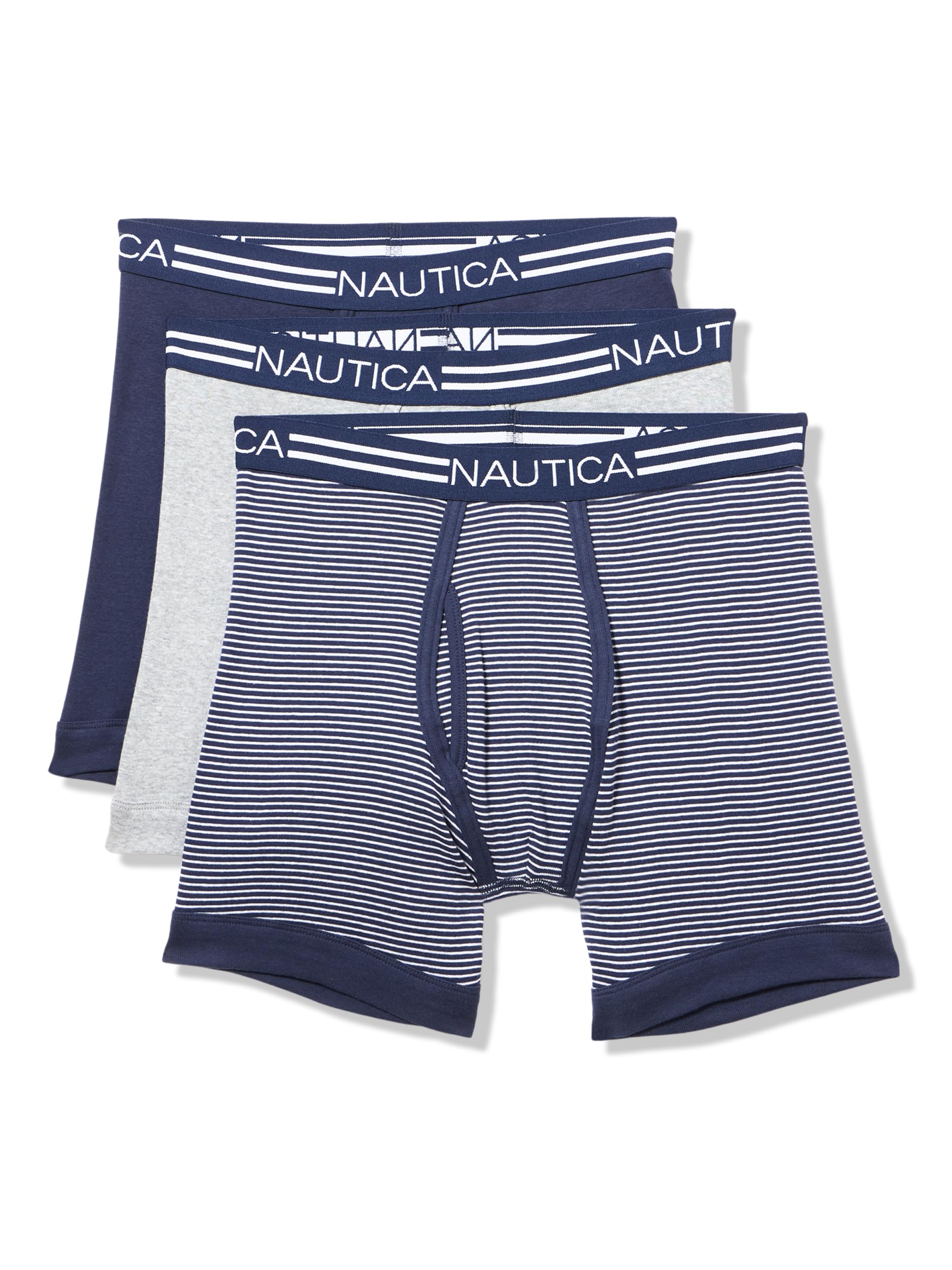 Nautica Men's Peacoat/Heather Grey/Stripe-2 White Classic Cotton 3-Pack Boxer Briefs, Xl