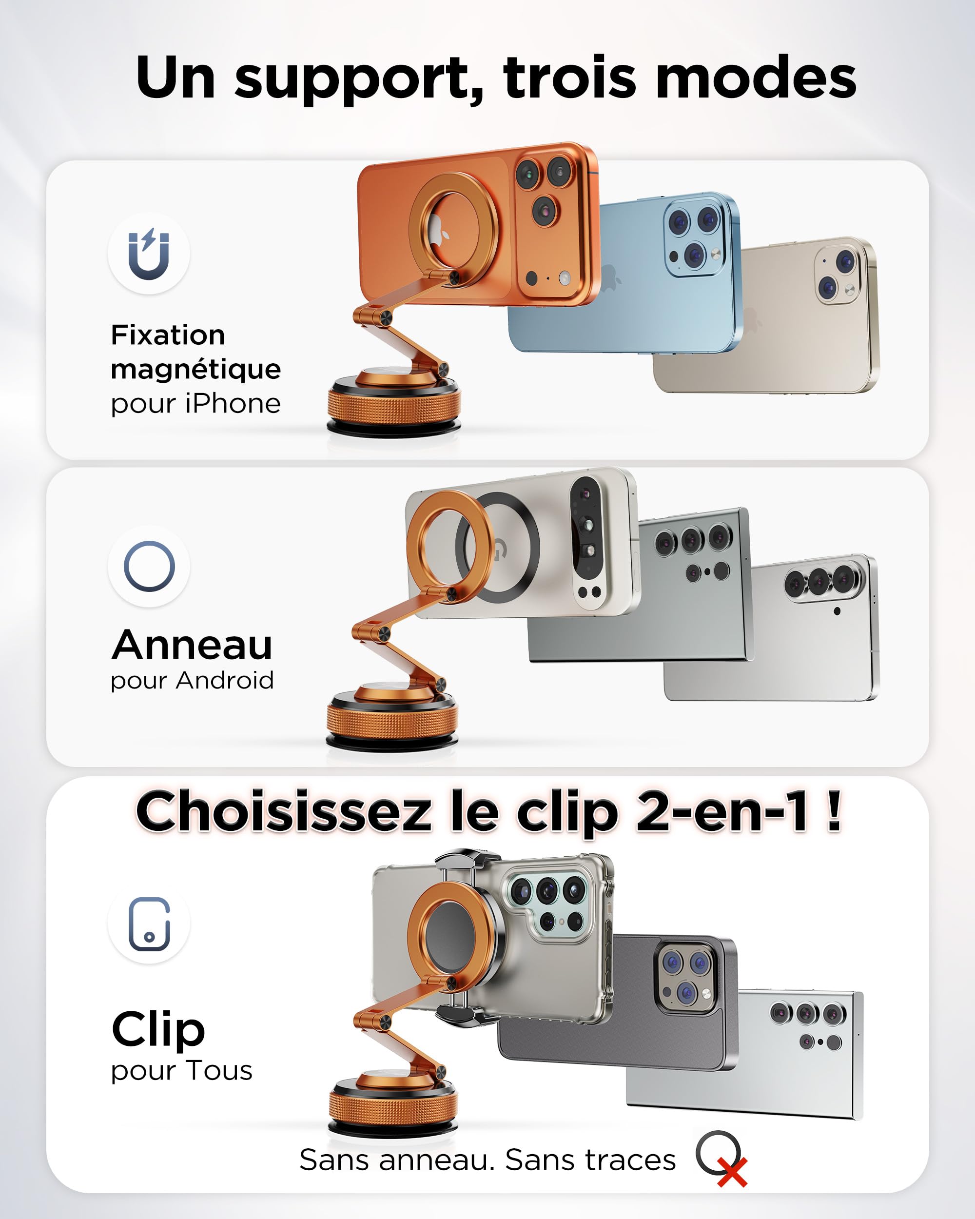 MSXTTLY Support Téléphone Voiture Magnétique Vmag S3 avec Clip VMag-GC, Pack Double Bras Long + Clip sans Anneau Adhésif, Ventouse Nano, pour iPhone 17 Pro Max/16-12 et Android, Orange