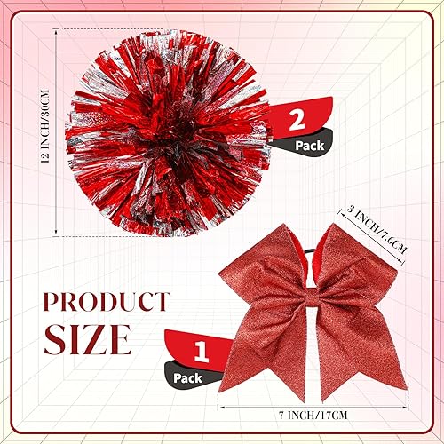 Miniatura 221 de Hanaive 3 pompones de animadora y lazo grande para animadora para el pelo, suministros metálicos para animadora de espíritu de equipo, deportes