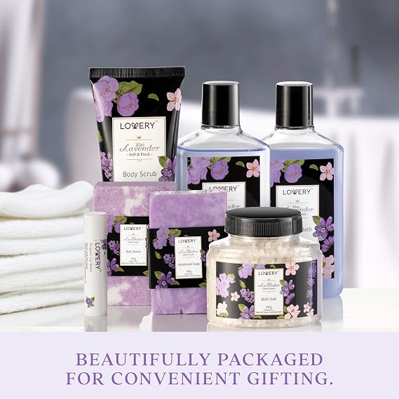 Gifts for Women, Moms, Lavender & Lilac Spa Gift Basket Set - Handmade Soap, Potpourri, Bath Bomb, Jojoba Oil, Organic Lip Balm & More - Stress Relief, Bath & Body Self Care Package