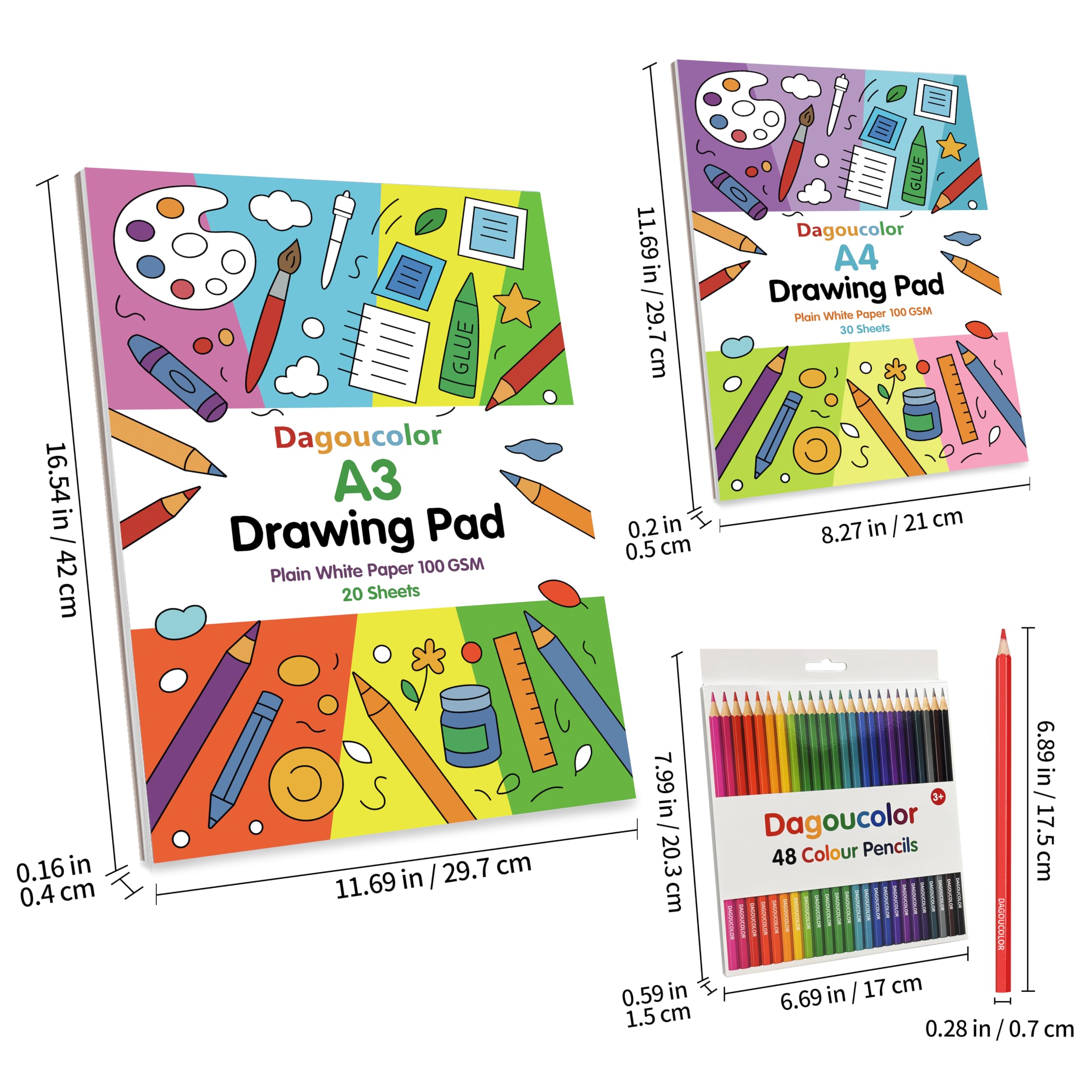 DagouColor Set di Disegno, 48 Matite a Colori, 2* A4 e 2* A3 Carta da Disegno Bianca, 100 GSM, Libri di Schizzi per Artisti Principianti Adulti Ragazzi Ragazze Bambini Piccoli