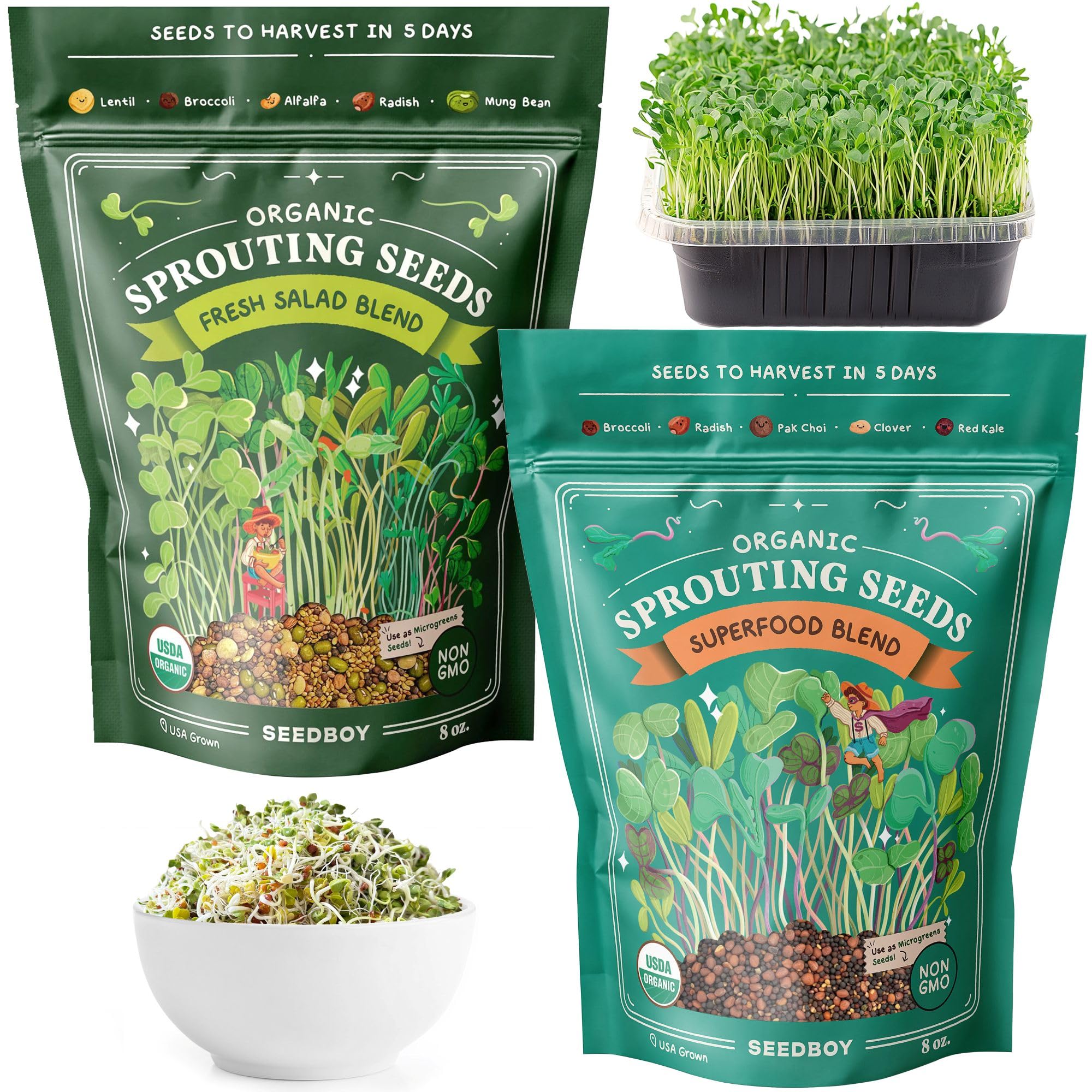 Organic Non-GMO Sprouting Seeds, 2-Variety Pack - Salad and Superfood Blends - Two 8 oz Bags Make 16 Quarts, 48 Servings (Everyday Pack)