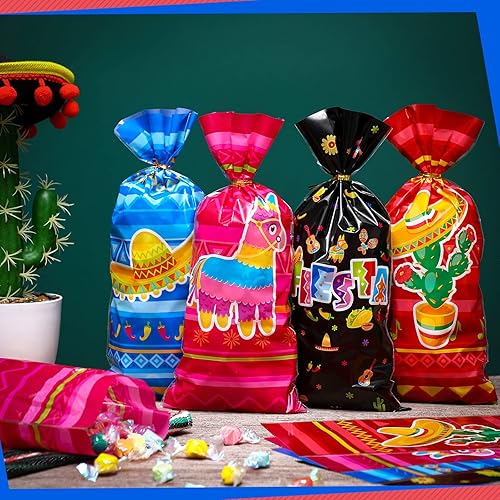 Miniatura 3 de Eaasty 120 bolsas de celofán mexicano, bolsas de dulces mexicanos, bolsas de golosinas de Cinco de Mayo, recuerdos de fiesta con 150 lazos dorados