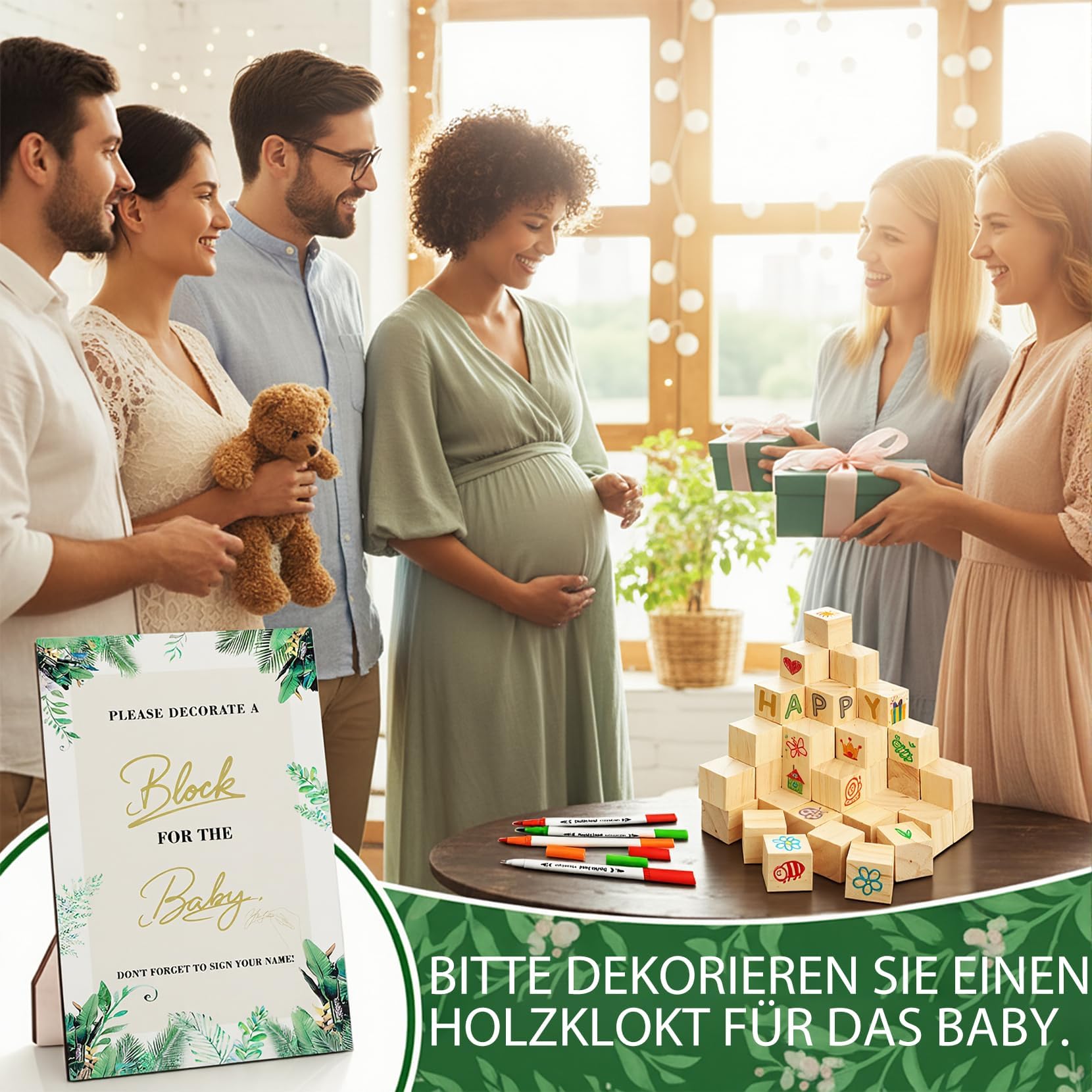 Babyparty Spiele –81 Stück Das Lustigste Kreative Gästebuch zum Bemalen – Baby Shower Aktivität mit Holzblöcken, Stiften & Schablonen – Geschenk-Idee für Junge, Mädchen
