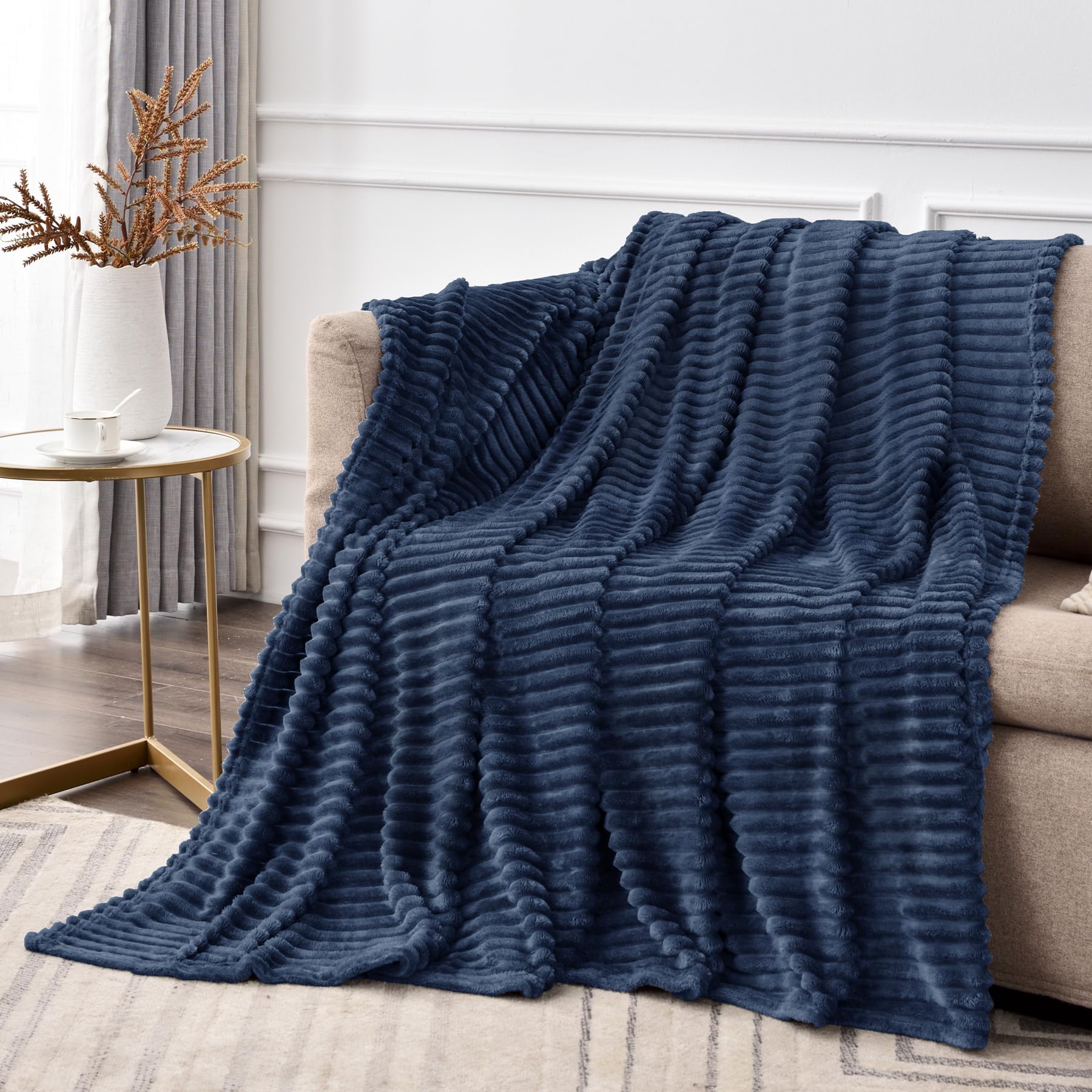 Photo 1 of BEDELITE Fleece Throw Blanket for Couch – 3D Ribbed Jacquard Soft and Warm Decorative Fuzzy Blanket – Cozy, Fluffy, Plush Lightweight Navy Throw Blankets for Bed, Sofa, 50x70 inches