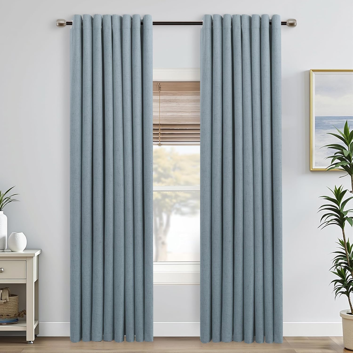 Mrs.Naturall Stone Blue Grommet Linen Blackout Curtains 52x90 Inches Long