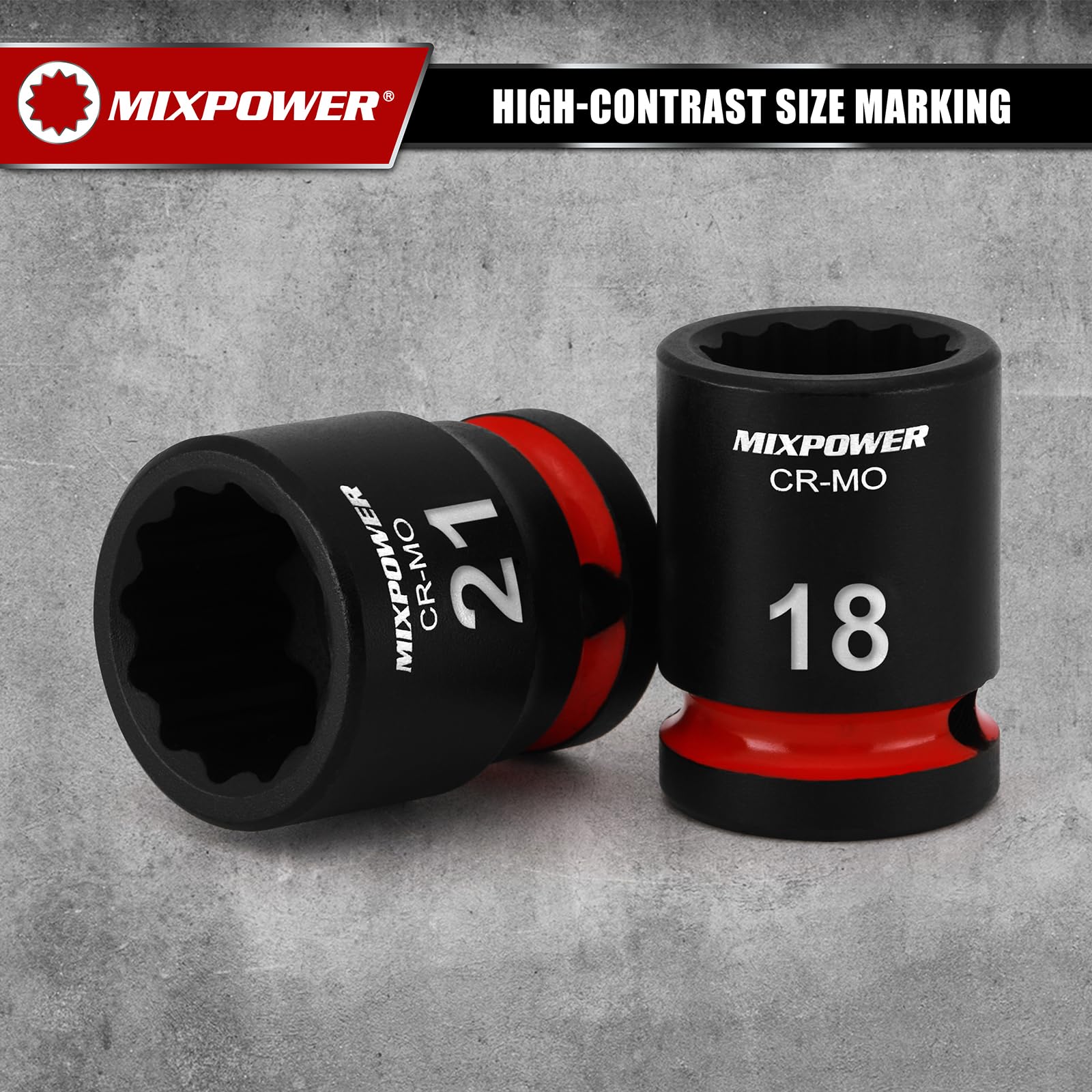 MIXPOWER Set di 26 bussole a impatto poco profondo, 12 punti, metriche, 10-36 mm, CR-MO, dado dell'asse per una facile rimozione