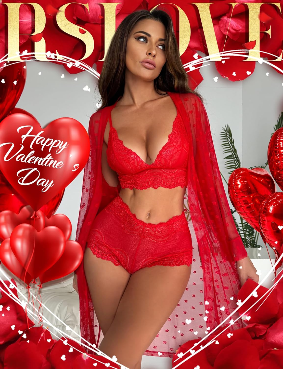 RSLOVE Women Sexy Lingerie Set 3 Piece Lace Kimono Robe with Bra and Panty Sheer Sleepwear - Image 2
