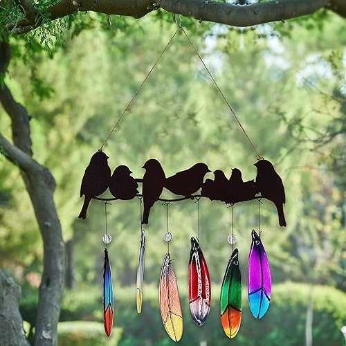 Miniatura 7 de Campanillas de viento para exteriores con plumas de vidrio hechas a mano, adornos de arte de pájaros de metal, campanillas de viento colgantes al