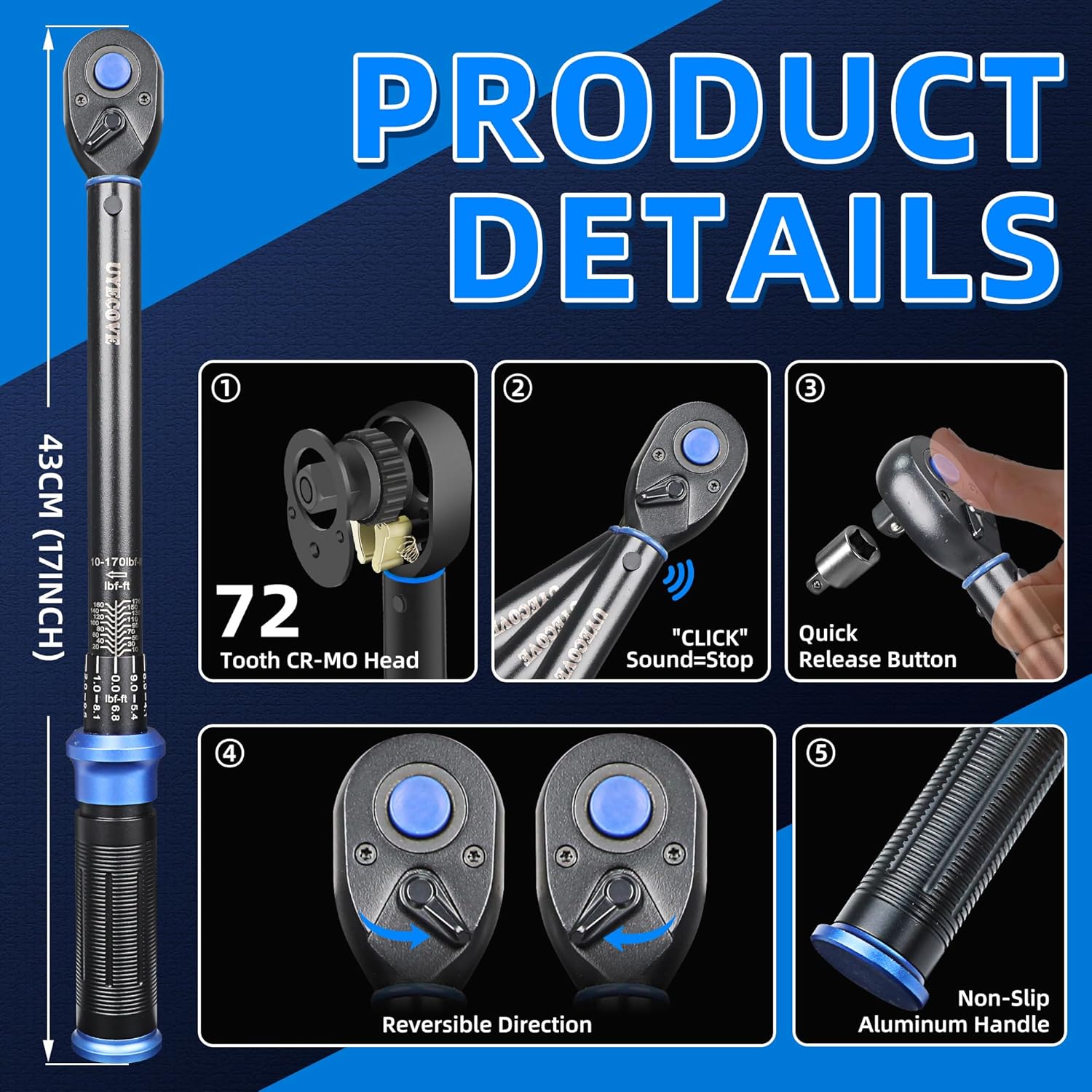 1/2-Inch Drive Click Torque Wrench, Dual-Direction Click Professional Torque Wrench 10-170FT.LB/13.6-230.5N.M, Dual Range Scales Graduated in FT.LB and N.M, Blue