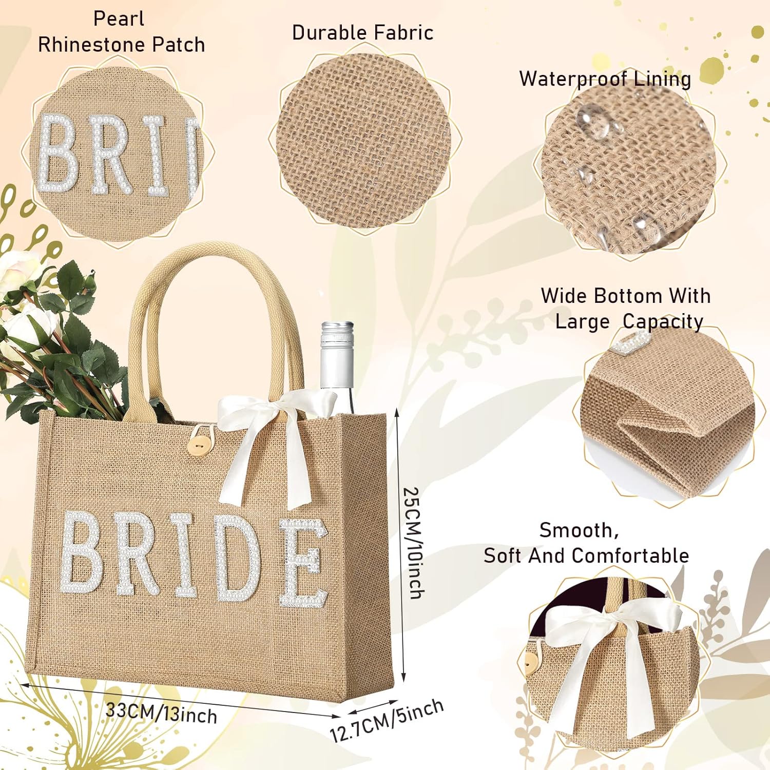 Silkfly Wedding Bride Bag Natural Jute Tote with Ribbon Bride Gift Bag with Handle for Shower(Silver Edges,Bride) - Image 4