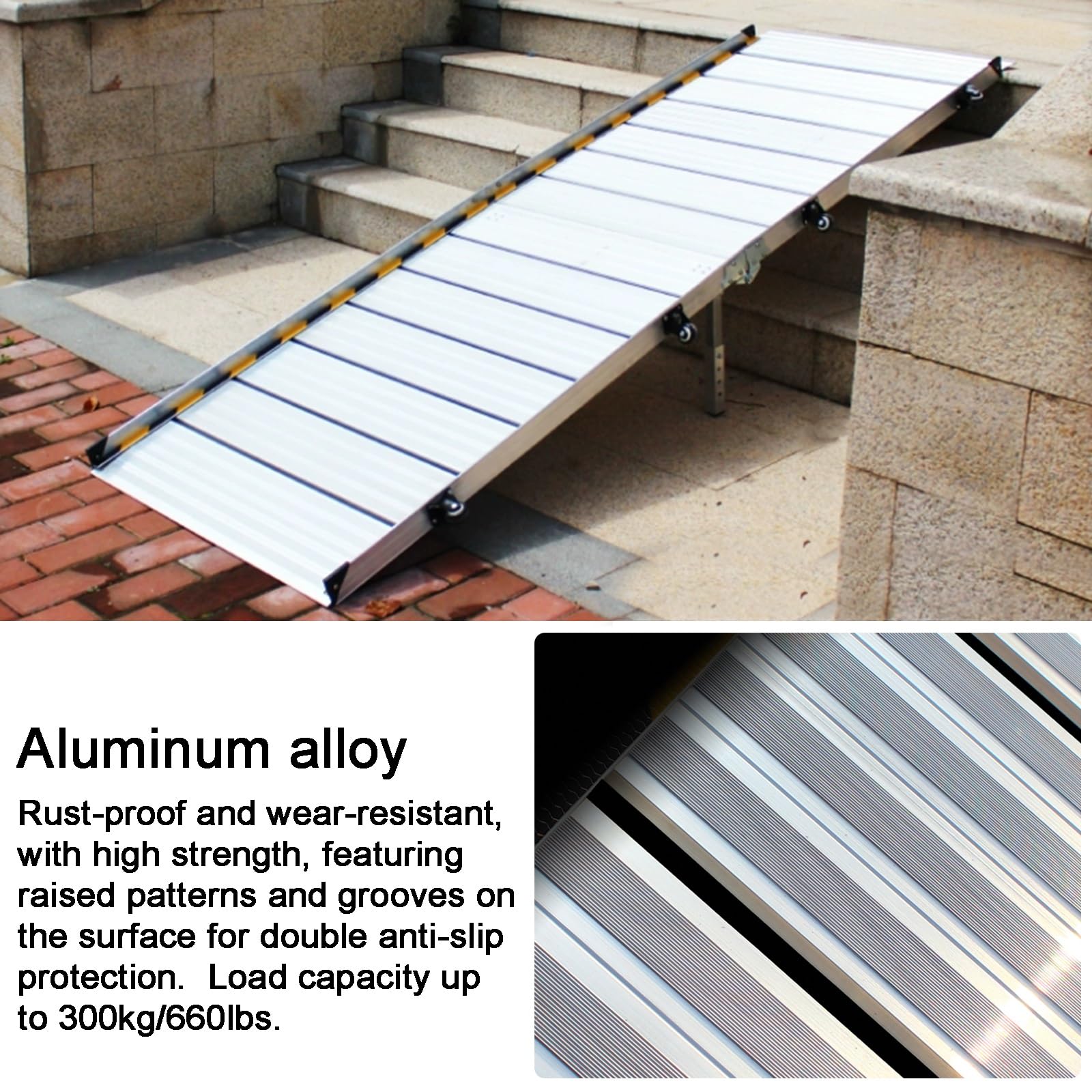 Składana Rampa dla Wózków Inwalidzkich, Aluminiowa Rampa dla Osób Niepełnosprawnych z Uchwytem, ​​nośność 300 kg, do Schodów, Progów, Drzwi, Skuterów(166cm/65in)