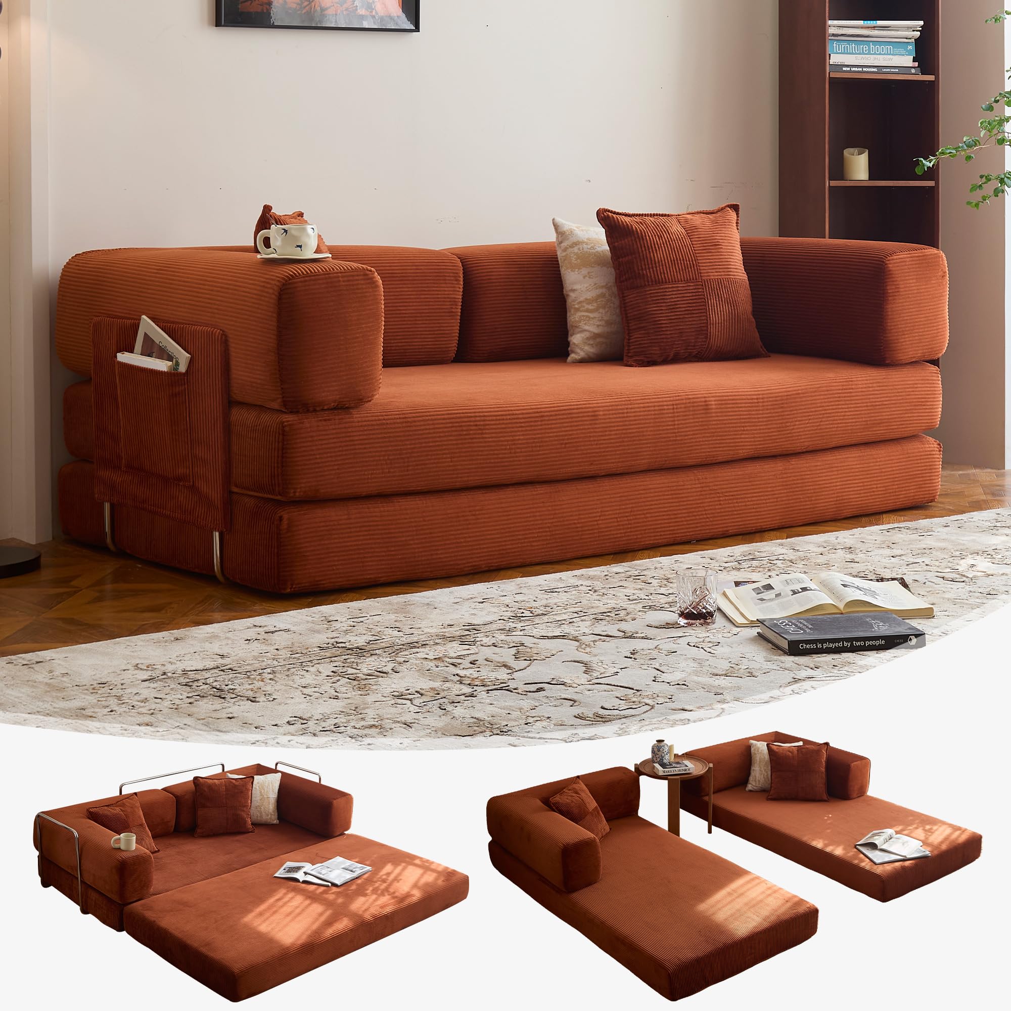 78.8" Convertible Sofa Bed - Compression Sofa with Corduroy Fabric - with Armrests and Backrest - Modular Sectional for Living Room, Bedroom, Studio - Compression Sofa in Box (Grey): 98.4IN Orange