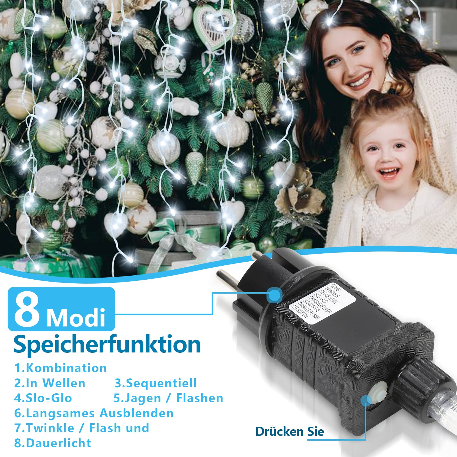 Eisregen Lichterkette Außen 600 LED 15m, LED Lichtervorhang mit 8 Beleuchtungsmodi, IP44 wasserdicht für Innenausstattung Außenbereich Schlafzimmer Hochzeit Weihnachten Party, Kaltweiß