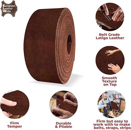Miniatura 3 de European Leather Works Correas de cuero Latigo de 9-10 onzas (0.142-0.157 in) de 1 x 84 pulgadas (1.0x83.9 in)  Marrón Bourbon  Tiras de cuero de