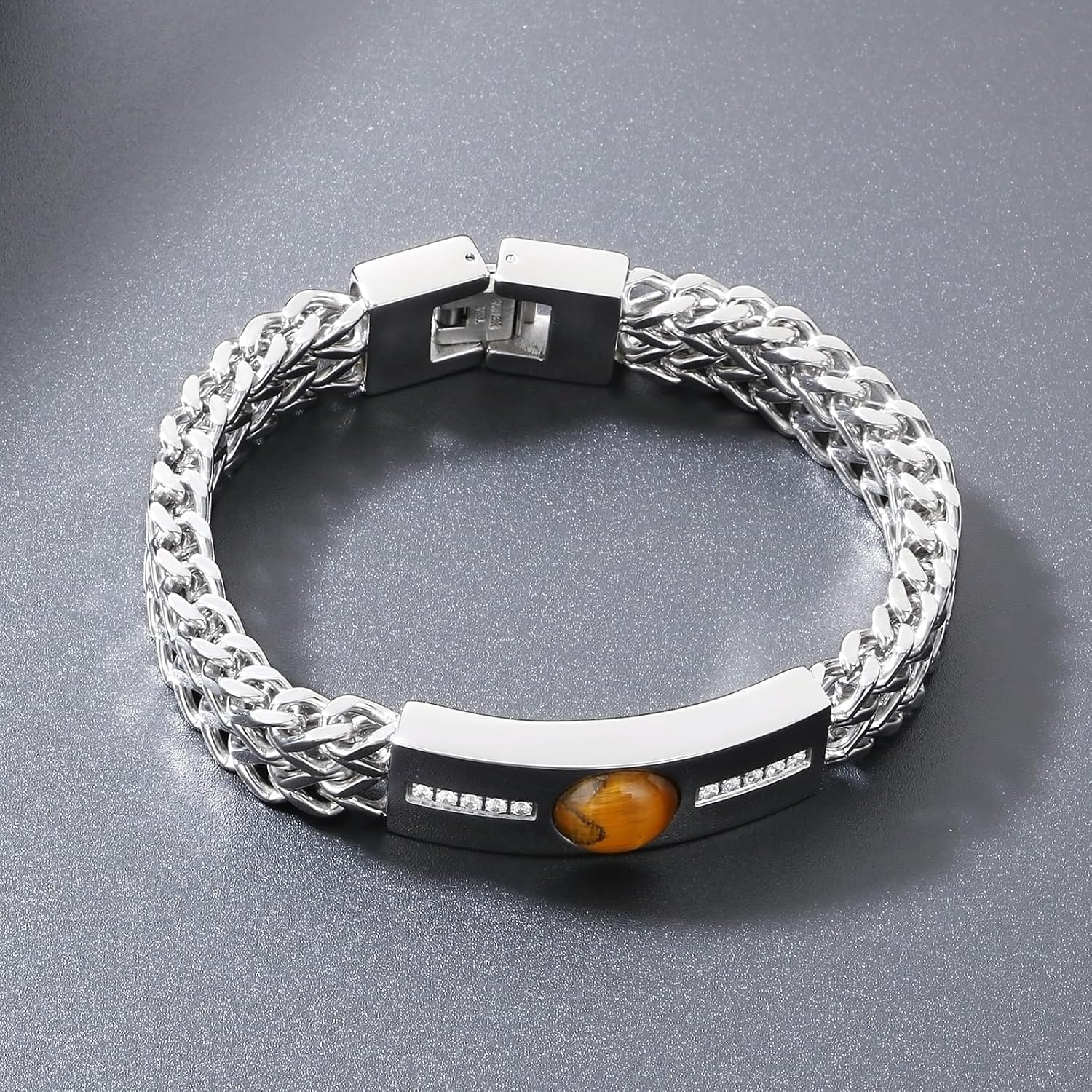 Men's Double Chain Stainless Steel Silver Gold Bracelet with Tiger Eye Stone, Hip-hop Diamond Jewelry for Men Cool Gifts for Him